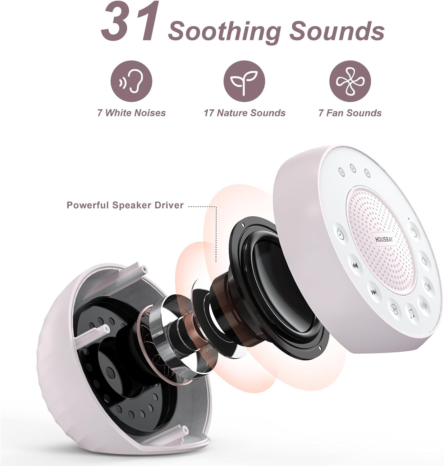 Housbay White Noise Machine with 31 High Fidelity Soothing Sounds, 5W High Power Loud Enough Speaker, Easy Volume Control, Sleep Timer…