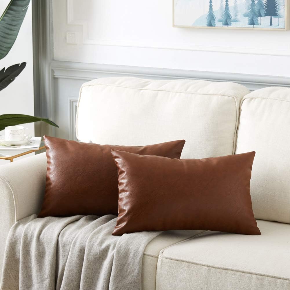 Fancy Homi Faux Leather Boho Decorative Throw Pillow Covers, Thick Modern Solid Square Cushion Case Set for Couch Sofa Bedroom Car Living…
