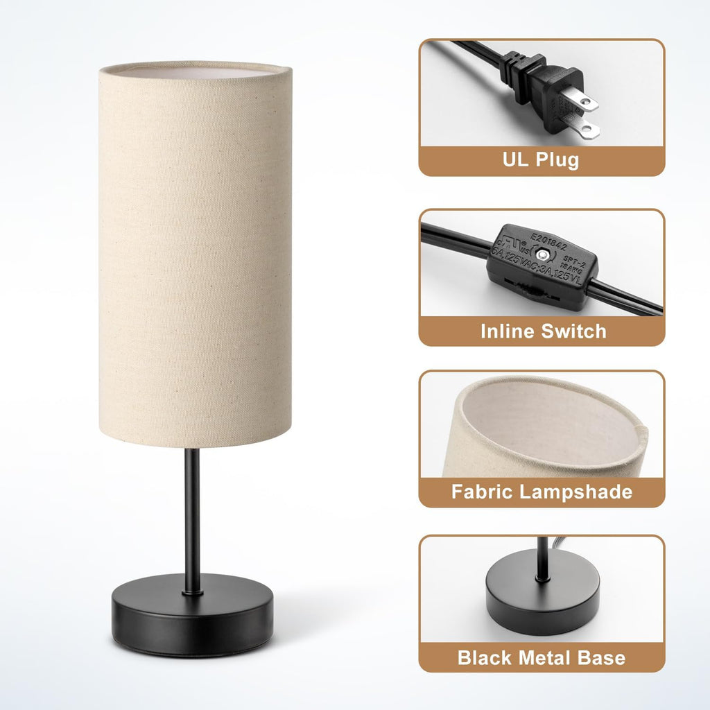 Small Bedside Table Lamp for Bedroom, Round Linen Shade and Black Metal Base, Rustic Minimalist Night Lamps for Nightstand, Dresser…