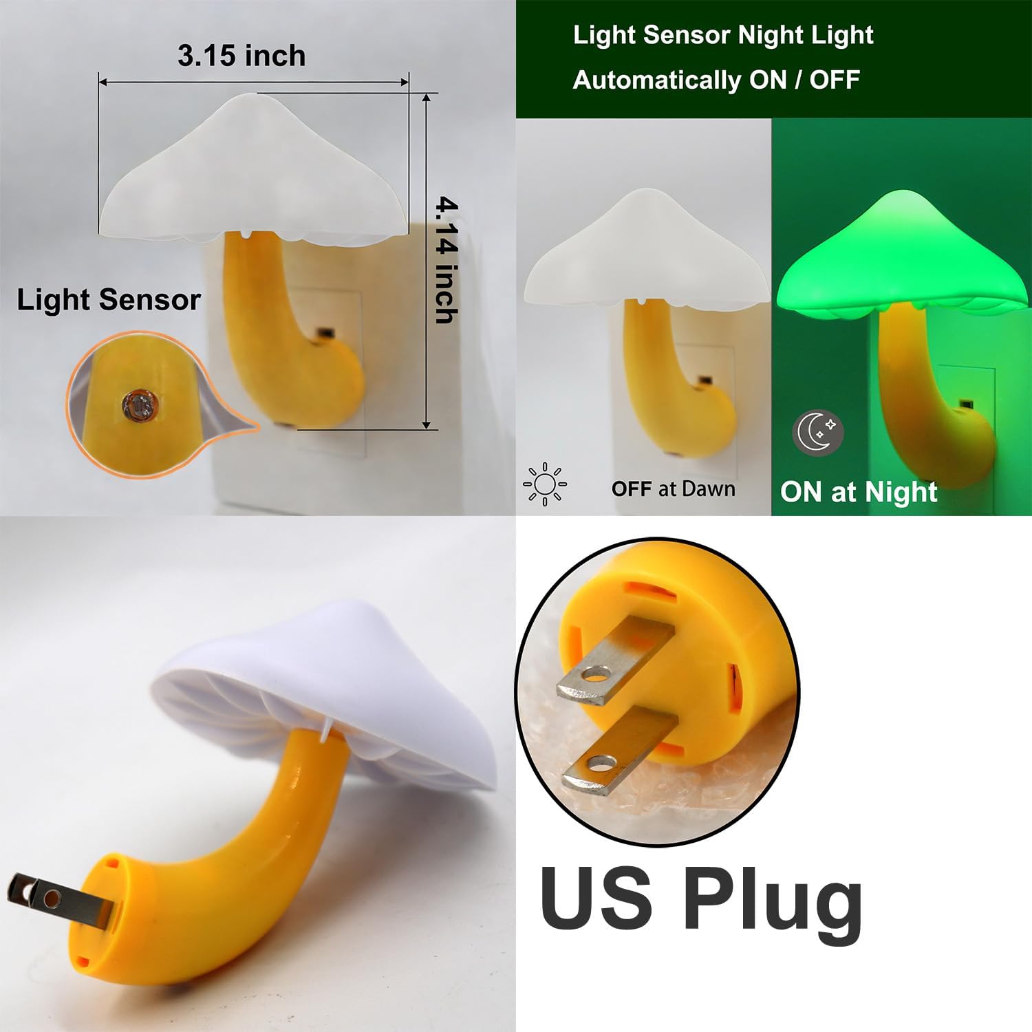 APAKI LED Mushroom Night Light Plug in Lamp Green, 4 Pack Light Sensor Night Lights Plug into Wall, Dusk to Dawn Sensor Night Light…