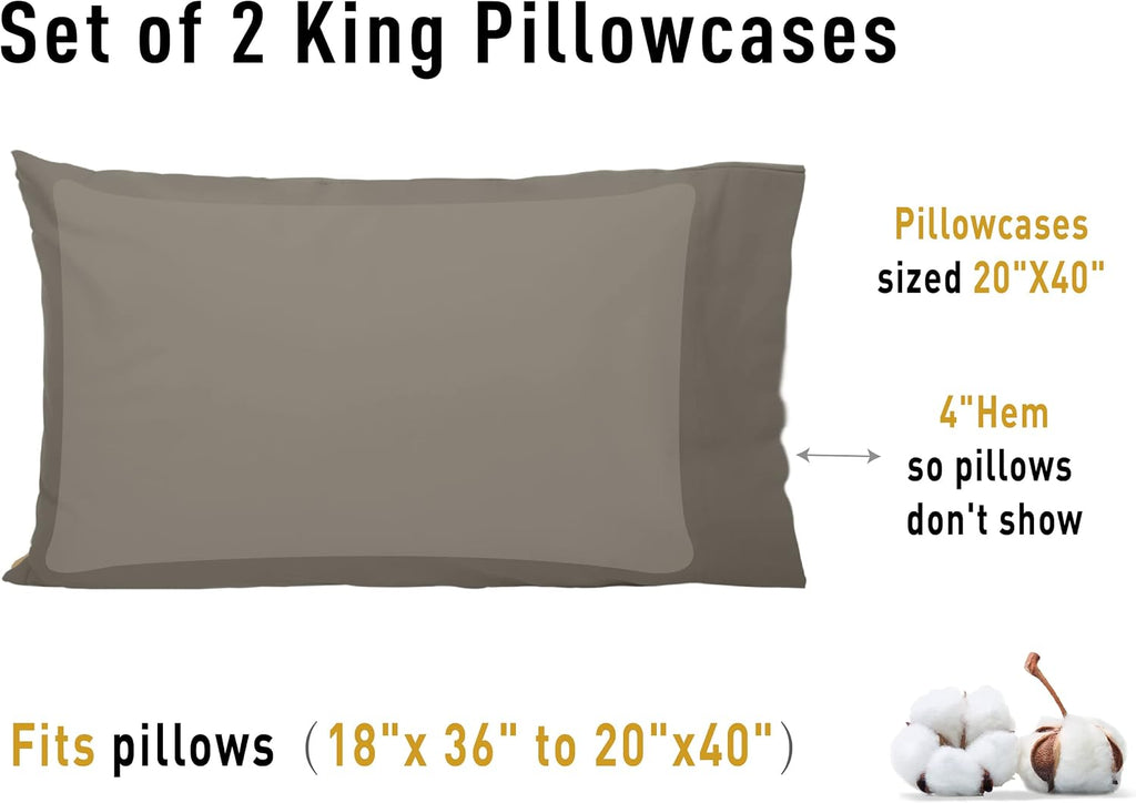 Sunflower King Pillowcases Set of 2, 100% Cotton King Size Pillow Cases 2, 20×40 inches Taupe Gray, Soft and Breathable