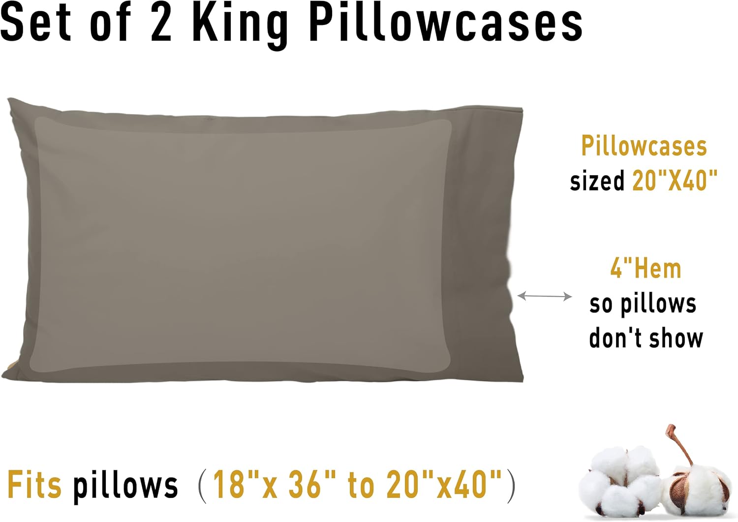 Sunflower King Pillowcases Set of 2, 100% Cotton King Size Pillow Cases 2, 20×40 inches Taupe Gray, Soft and Breathable