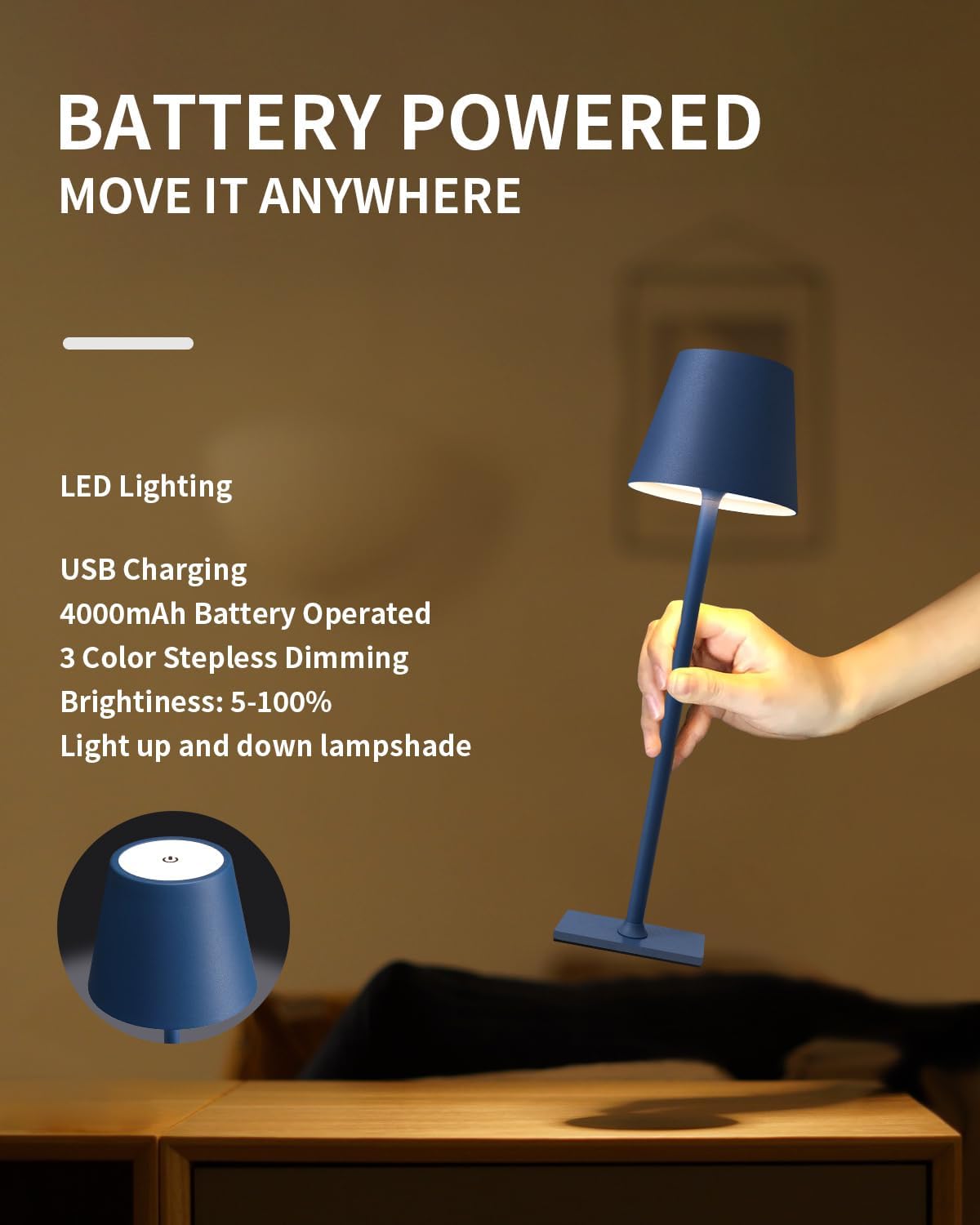 KDG 2 Pack Cordless Table Lamp, Portable LED Desk Lamp, 4000mAh Battery Operated, 3 Color Stepless Dimming Up, for…