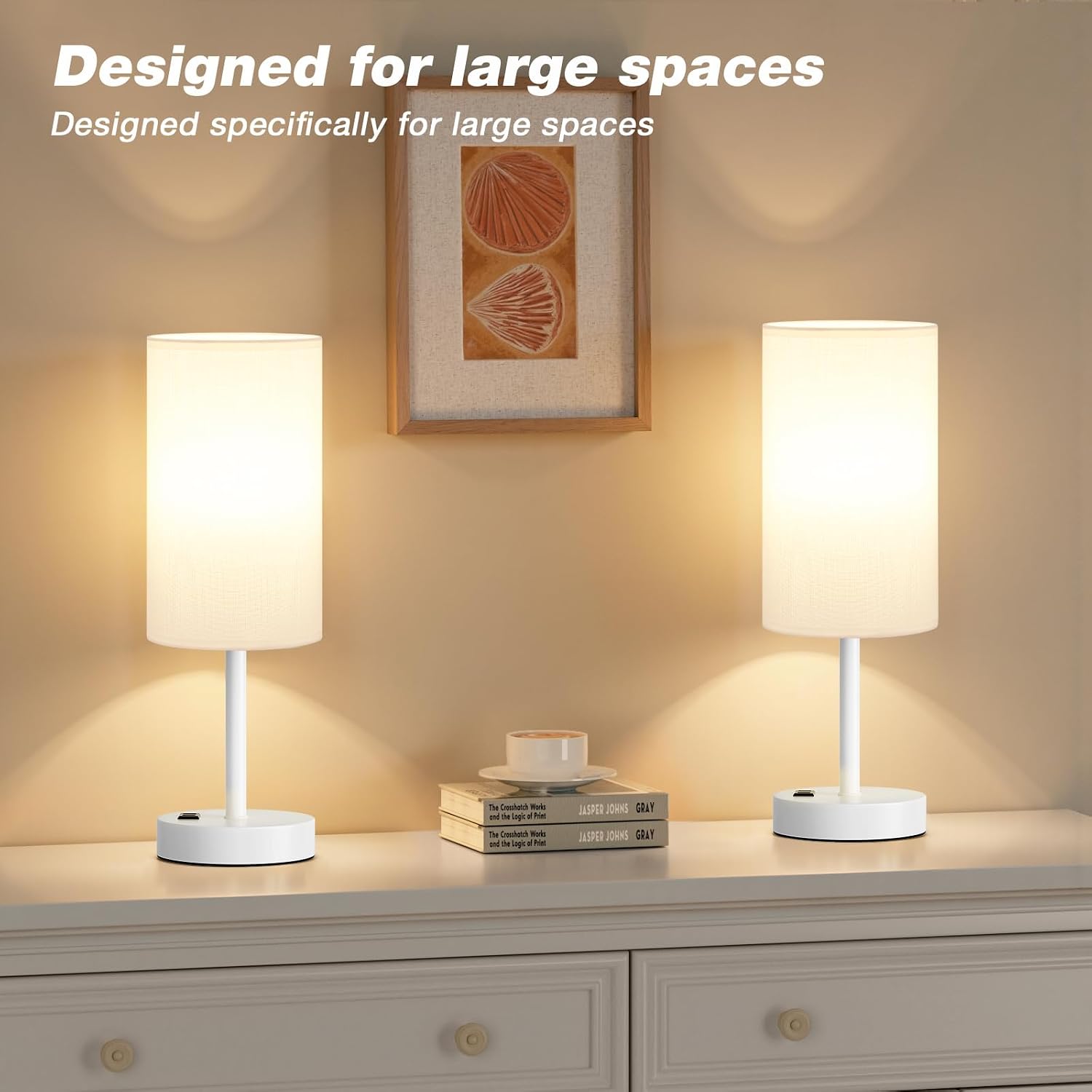 Fenmzee White Nightstand Bedroom Lamp - 3 Way Dimmable Bedside Lamp USB C A Charging Ports and AC Outlet, Small Table Lamp Linen…
