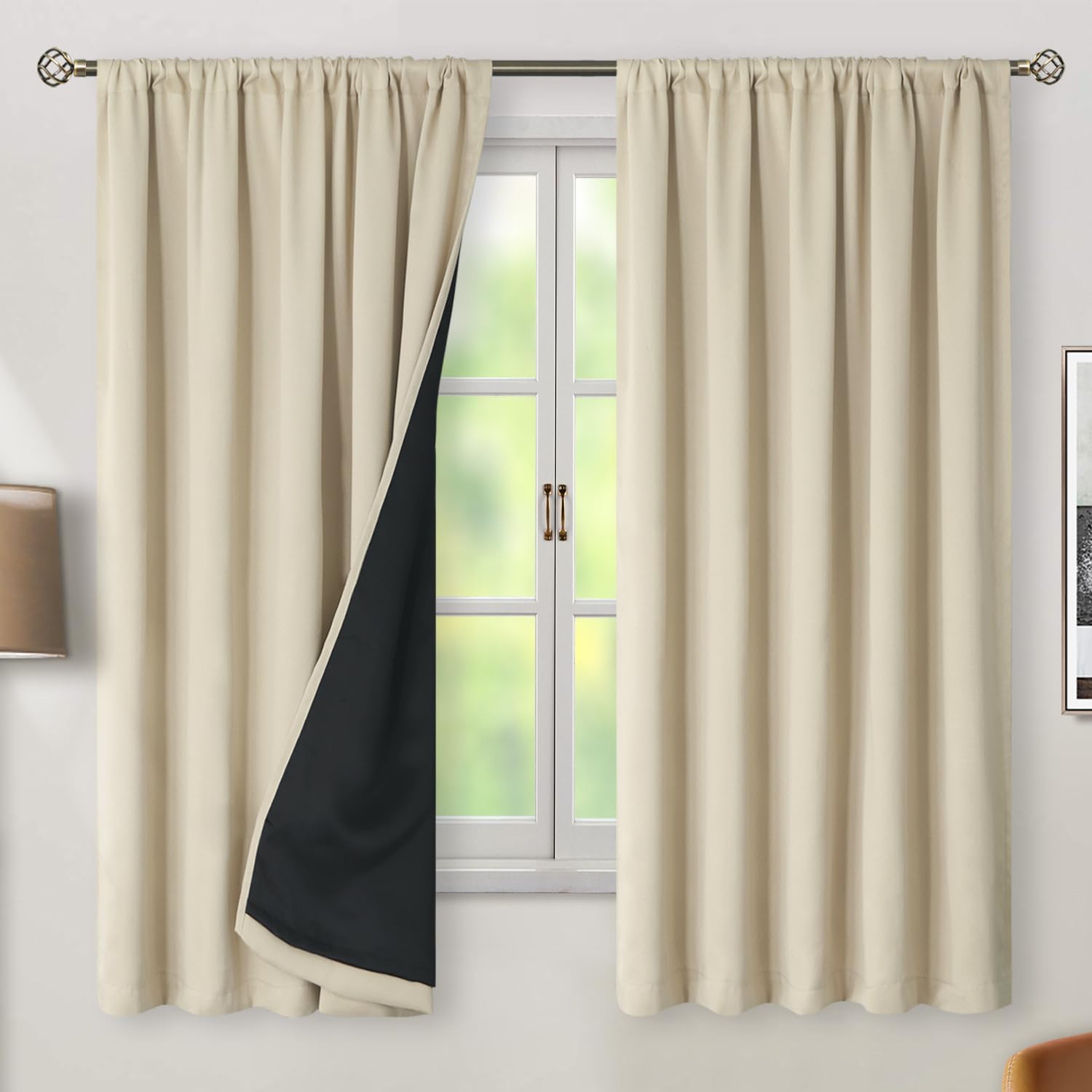 BGment Beige Full Blackout Curtains with Thermal Insulation Liner Curtains 63 Inches Long, Rod Pocket and Back Tab Double Layer Room…