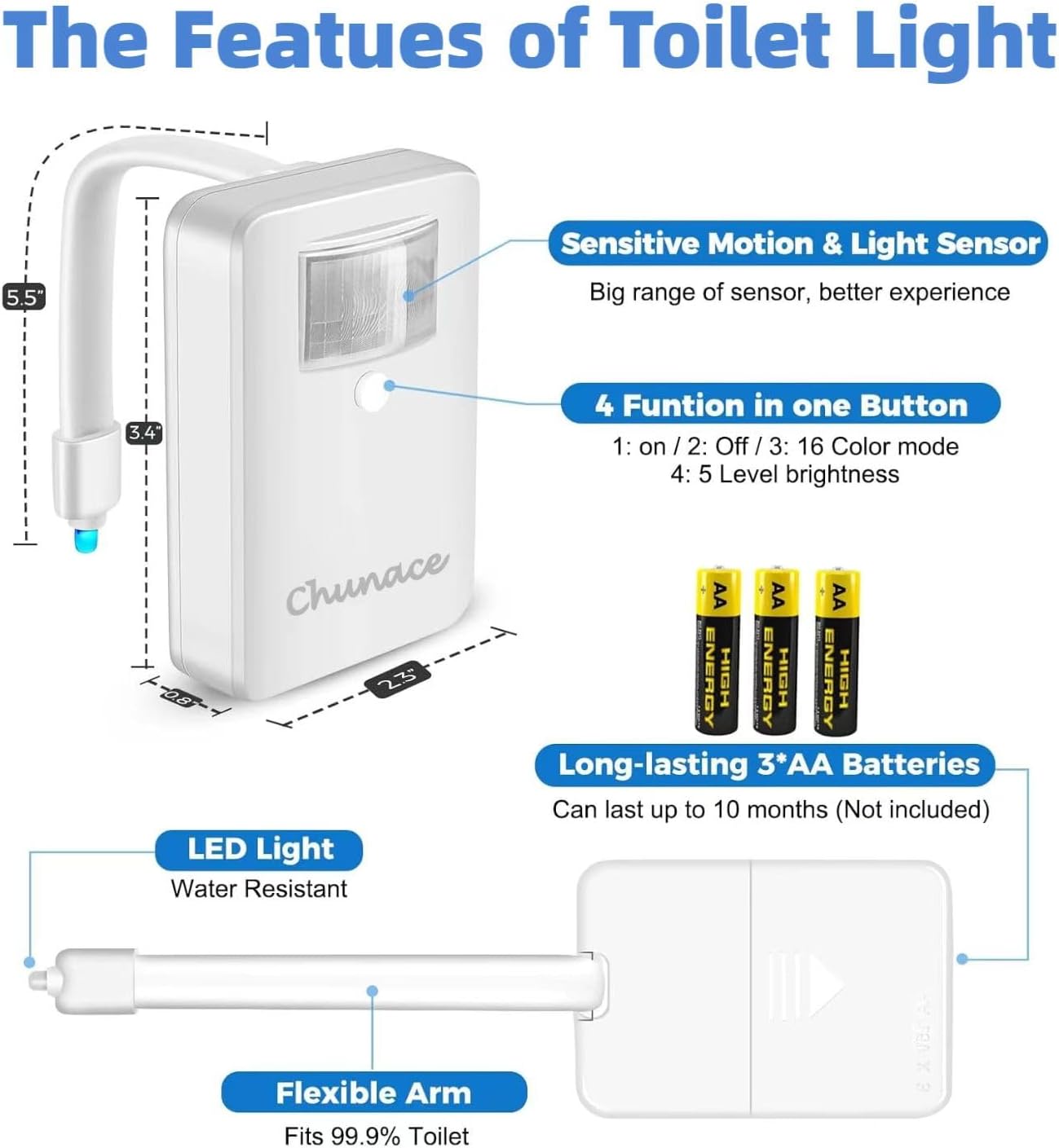 Chunace 3 Pack Toilet Night Lights with Motion Activated Sensor, 16 Colors LED Nightlight Inside Bowl, Cool Stuff for Bathroom…