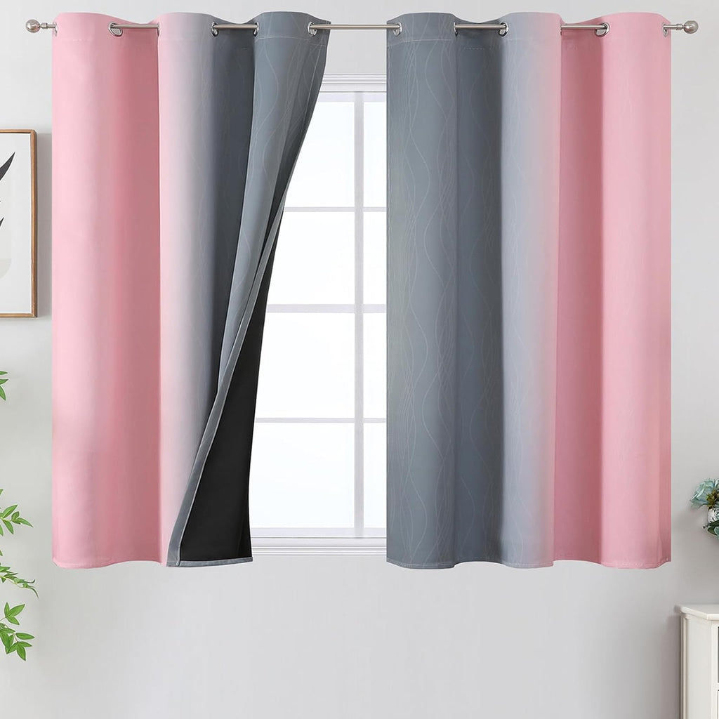 Estelartextiler Pink and Grey Blackout Curtains 45 inches Long, Ombre Full Room Darkening Window Curtains for Living Room, Grommet Thermal In…