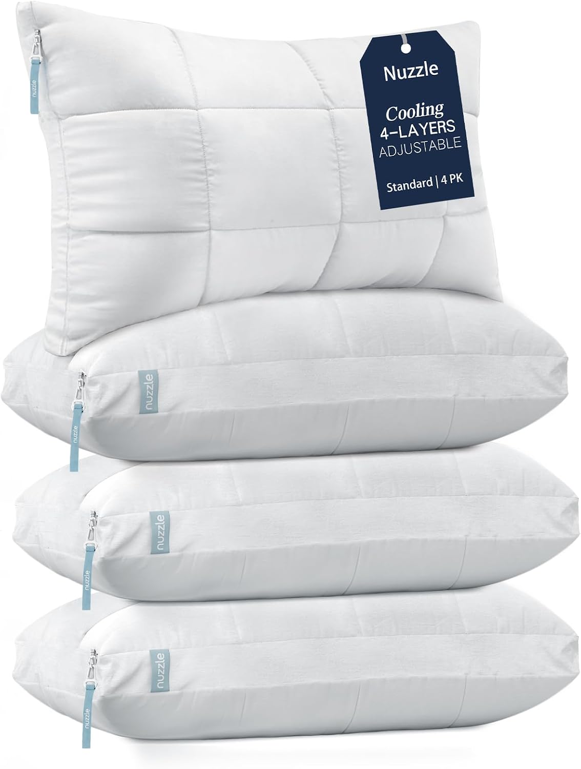 Nuzzlepillow Nuzzle Pillows Standard Size Set of 4, Adjustable Firm Pillows Luxury Hotel Collection Bed Pillows – Adjust Height Soft Cooling…