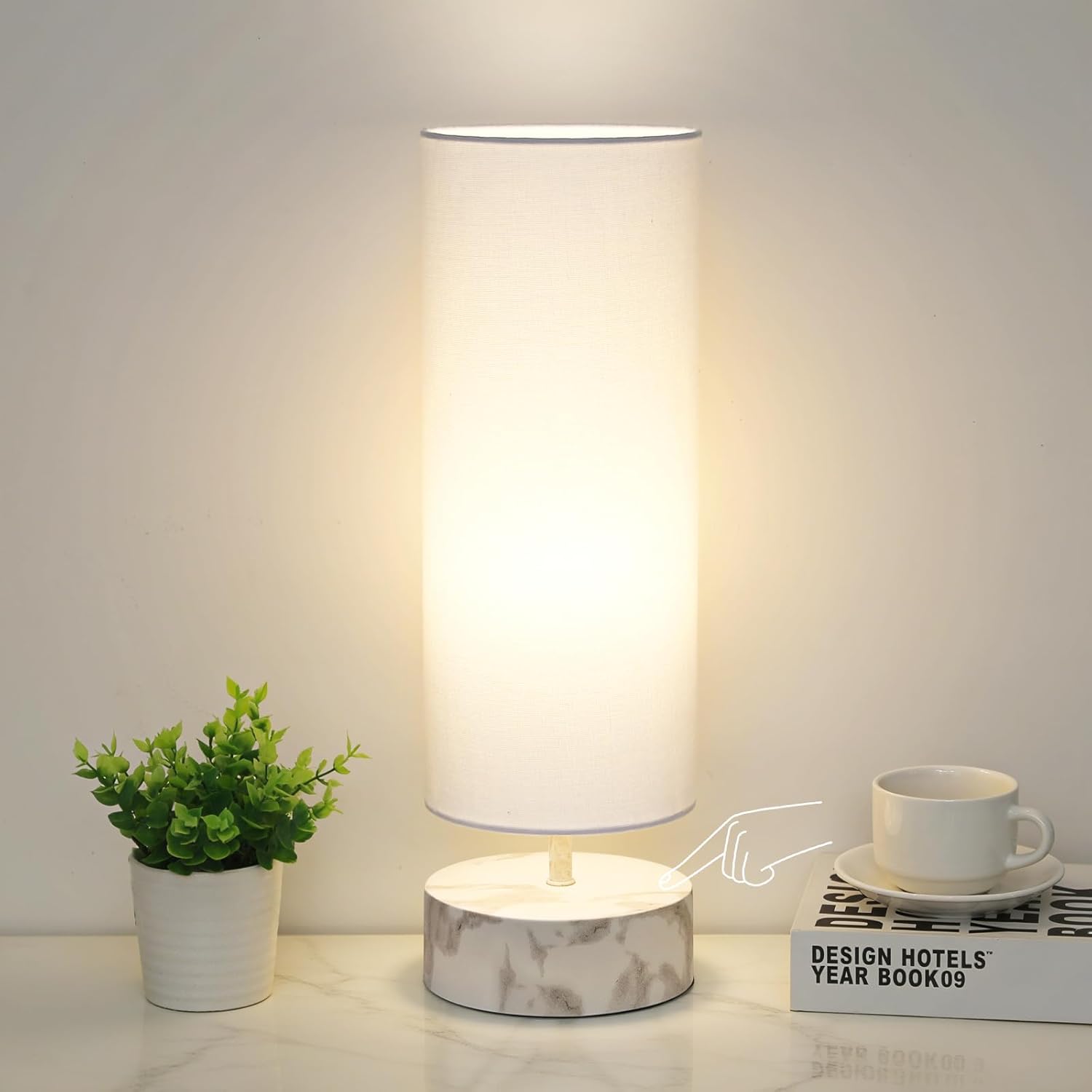 Touch Table Lamp with Metal Base Covered with Marble Grain, 3 Way Dimmable Modern Bedside Nightstand Lamp with White Shade, Simple Night…