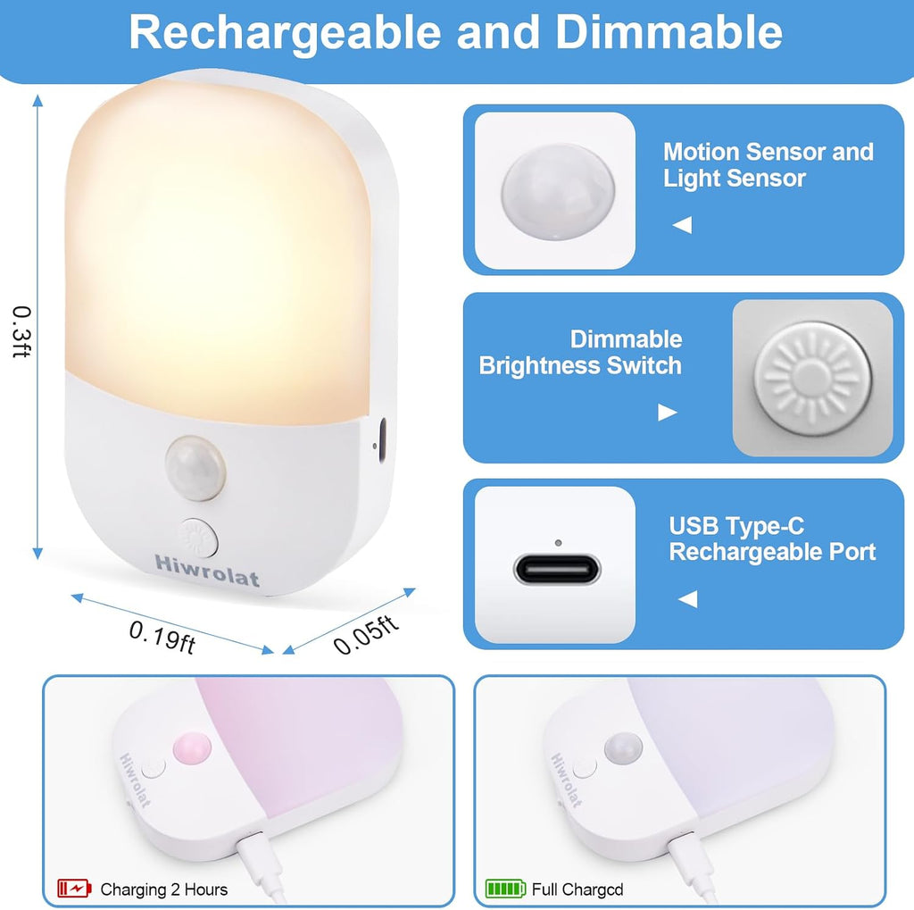 Motion Sensor Night Light, LED Dimmable Warm White Type-C Rechargeable Battery, for Hallway, Bathroom, Stair, Wardrobe, Bedroom, Auto…