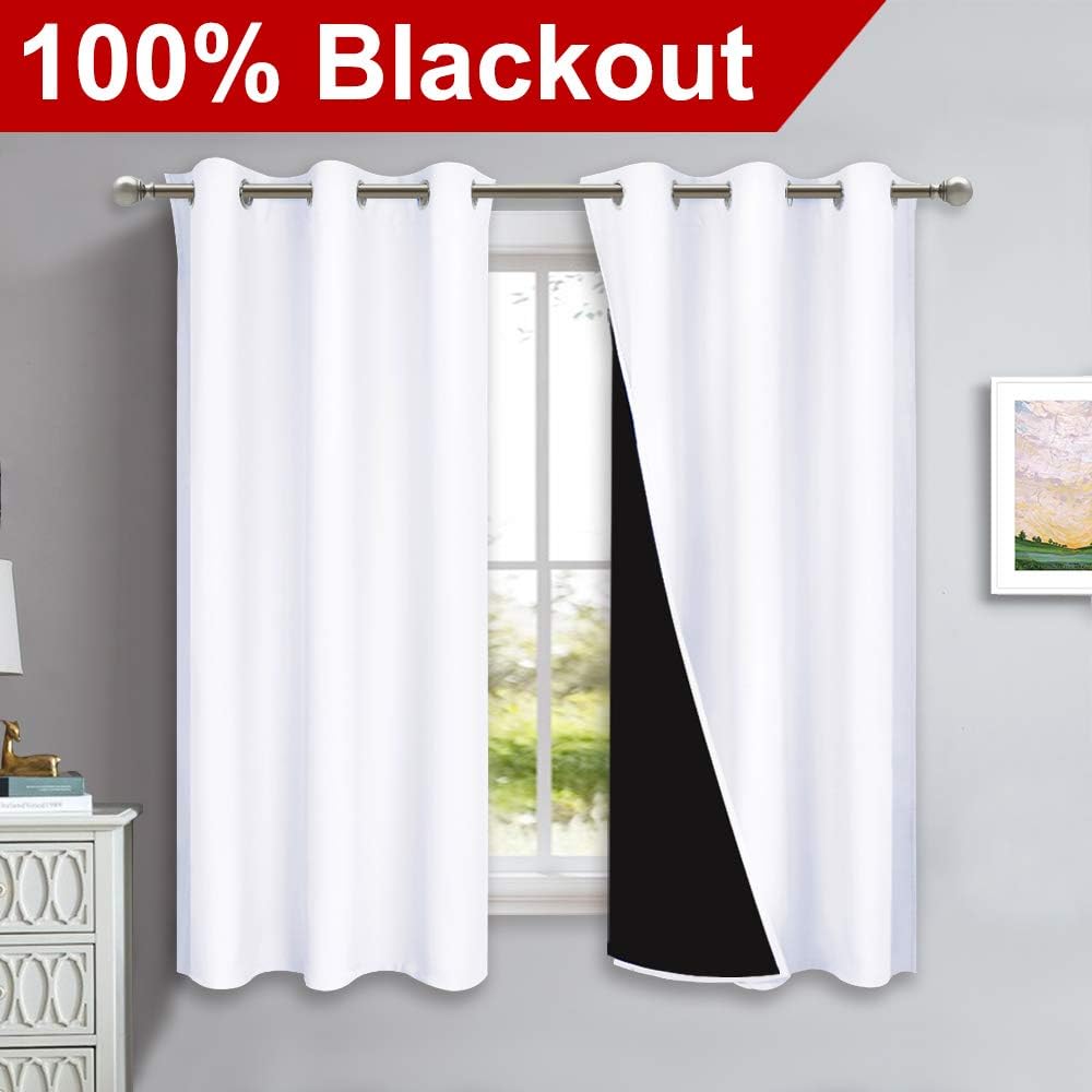 Nicetown Pure White 100% Blackout Lined Curtains, 2 Thick Layers Completely Blackout Window Treatment Panels Thermal Insulated Drapes for K…