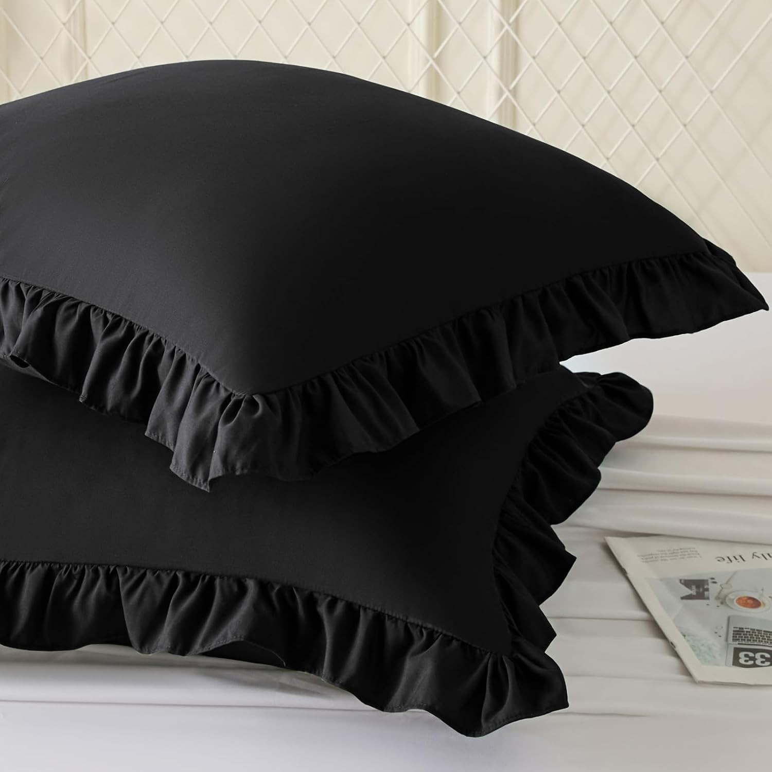 KKJIAF Ruffle Pillow Cases 26x26 Inches, Black Square Ruffled Pillow Covers Set of 2, Microfiber Wrinkle Resistant Pillow Shams with…