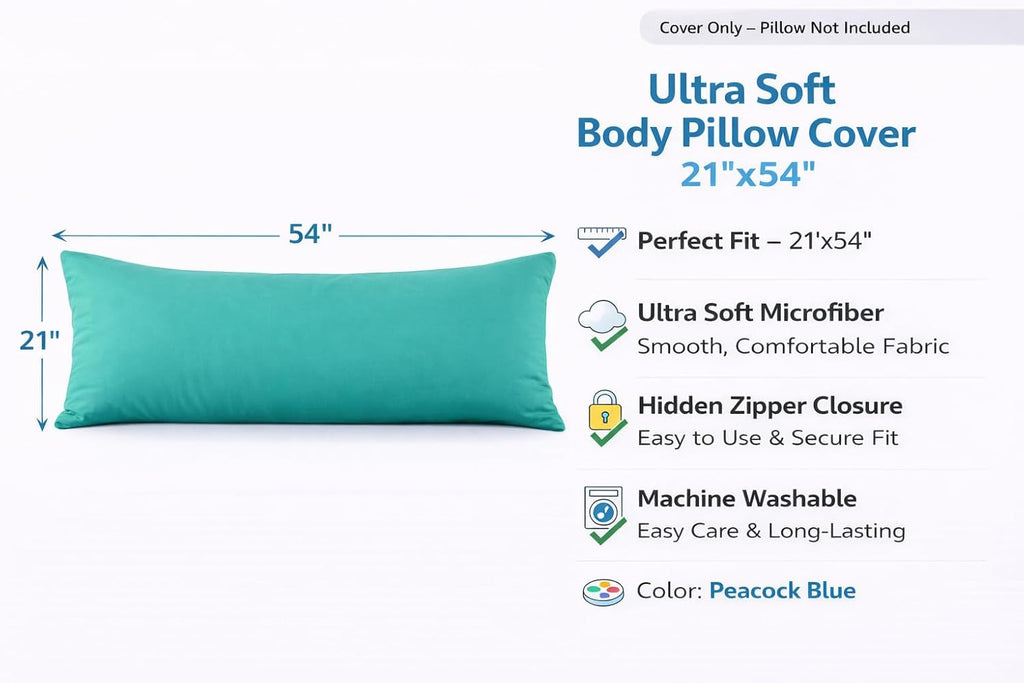 Evolive Ultra Soft Microfiber Body Pillow Cover/Pillowcases 21"x54" with Hidden Zipper Closure (21"x54" Body Pillow Cover, Peacock Blue)