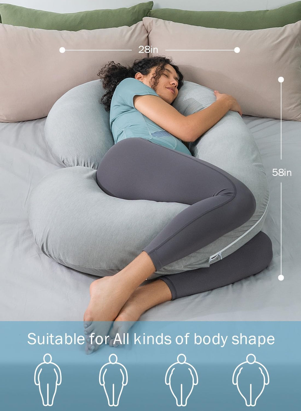 INSEN Cooling Pregnancy Pillow, Maternity Pillow with Soft Tencel Cover, C Shaped for Pregnant Women and Side Sleeping, Dark Gray