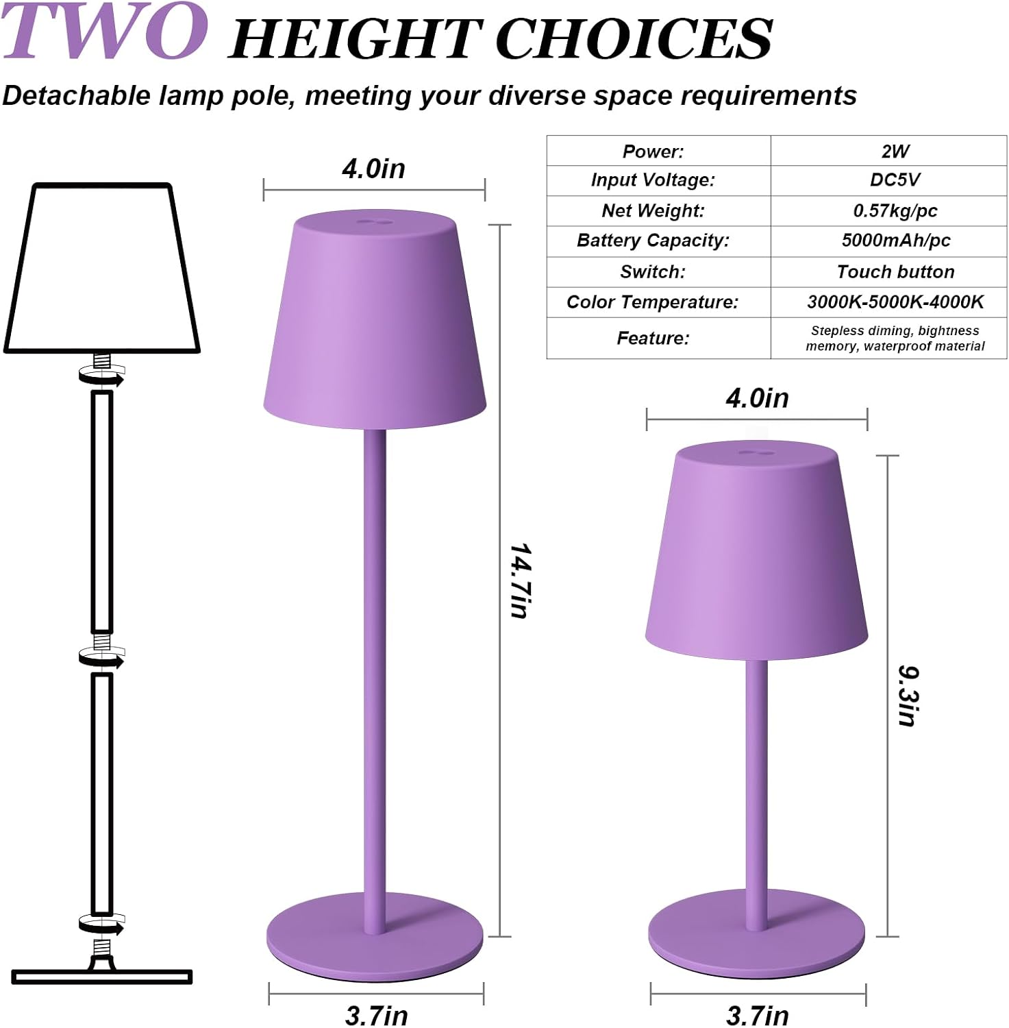 Kakanuo Cordless Table Lamp Rechargeable Purple - KK 2 Pack 5000mAH Battery Operated Lamp for Counter, 3 Color Stepless Dimming Wireless…
