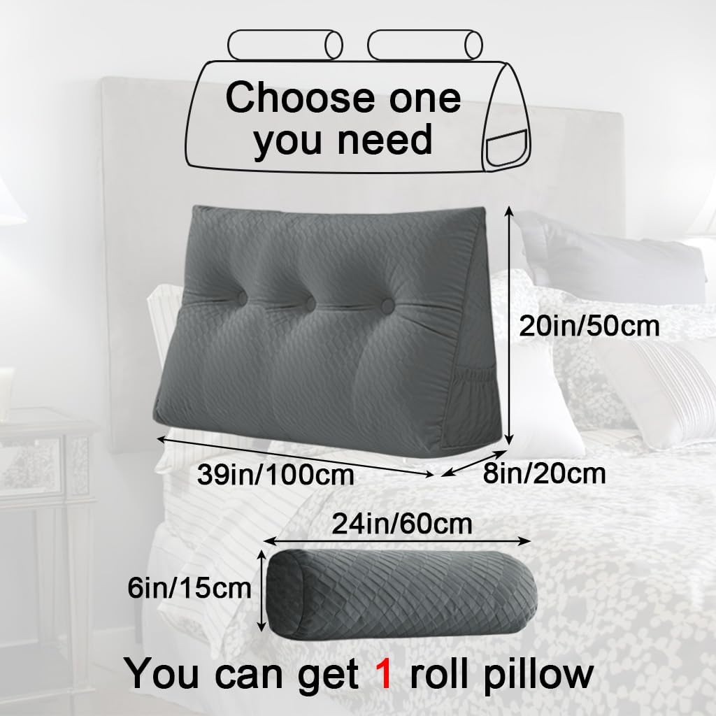 Velvet Triangular Headboard Wedge Pillow with Roll Pillow, Removable Cover Headboard Pillow Daybed Bunk Bed, Backrest Positioning Support…