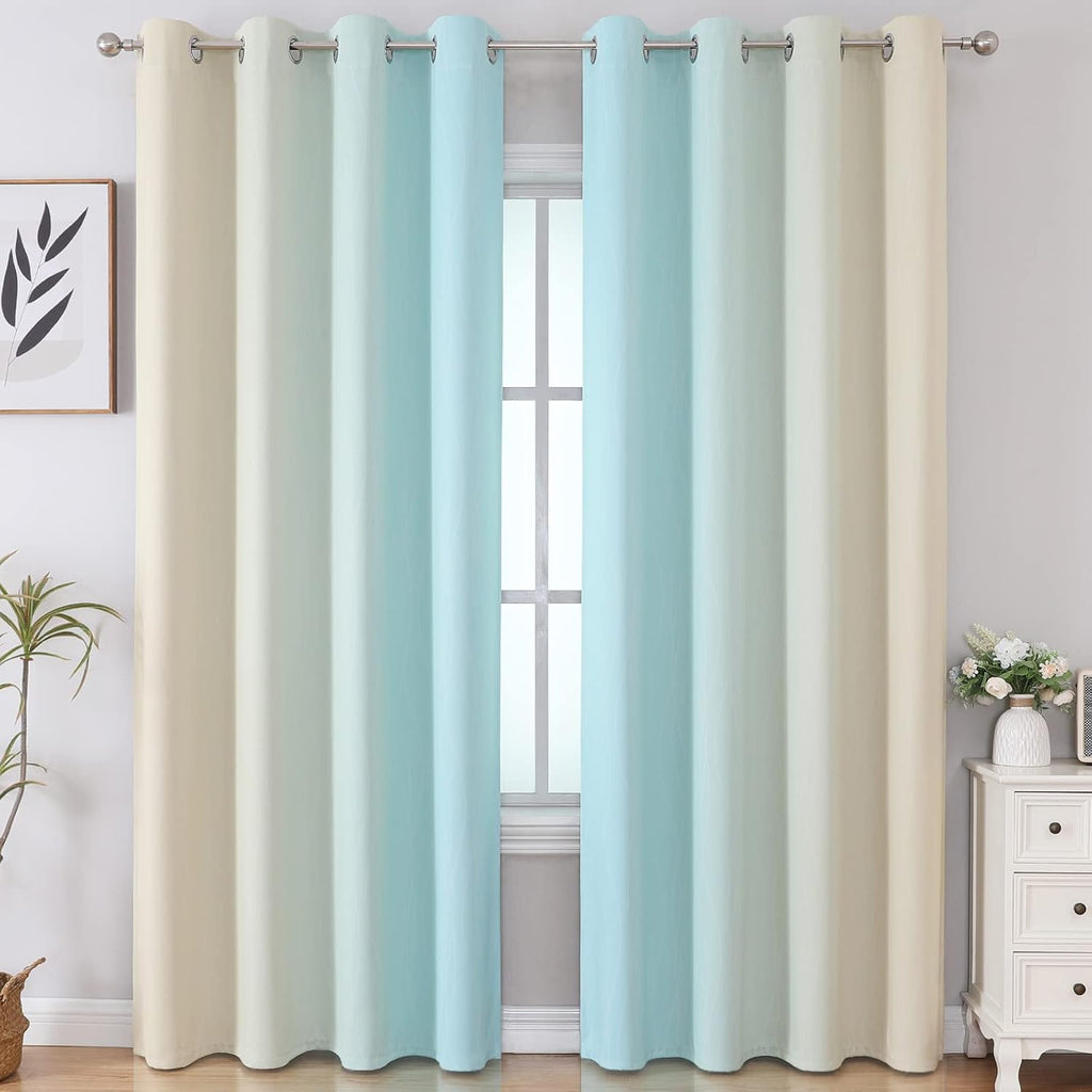 Estelartextiler Estelar Textiler Aqua and Beige Gradient Blackout Curtains 84 Inches Long, Thermal Insulated Ombre Blackout Drapes for Bedr…