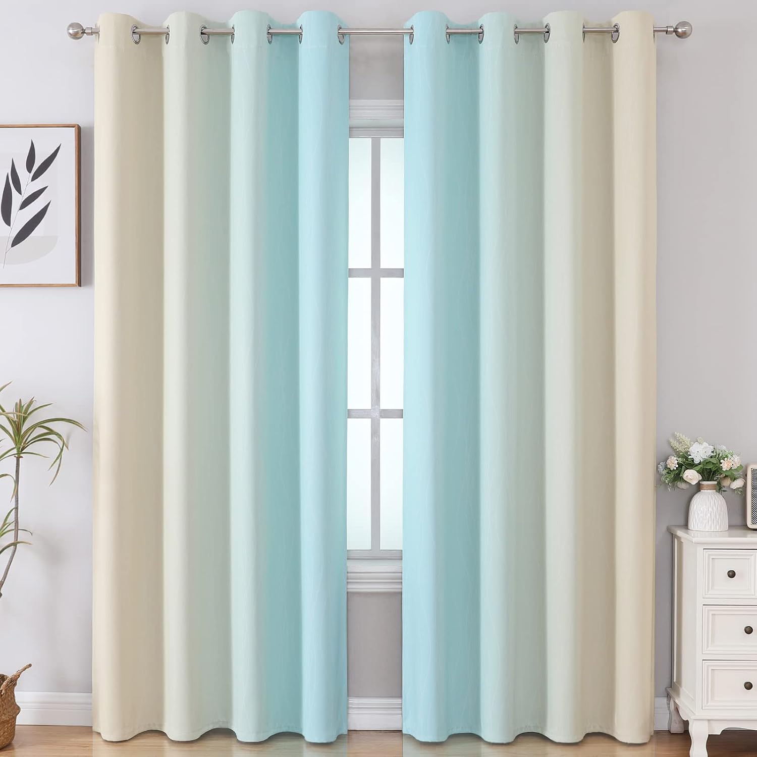 Estelartextiler Estelar Textiler Aqua and Beige Gradient Blackout Curtains 84 Inches Long, Thermal Insulated Ombre Blackout Drapes for Bedr…