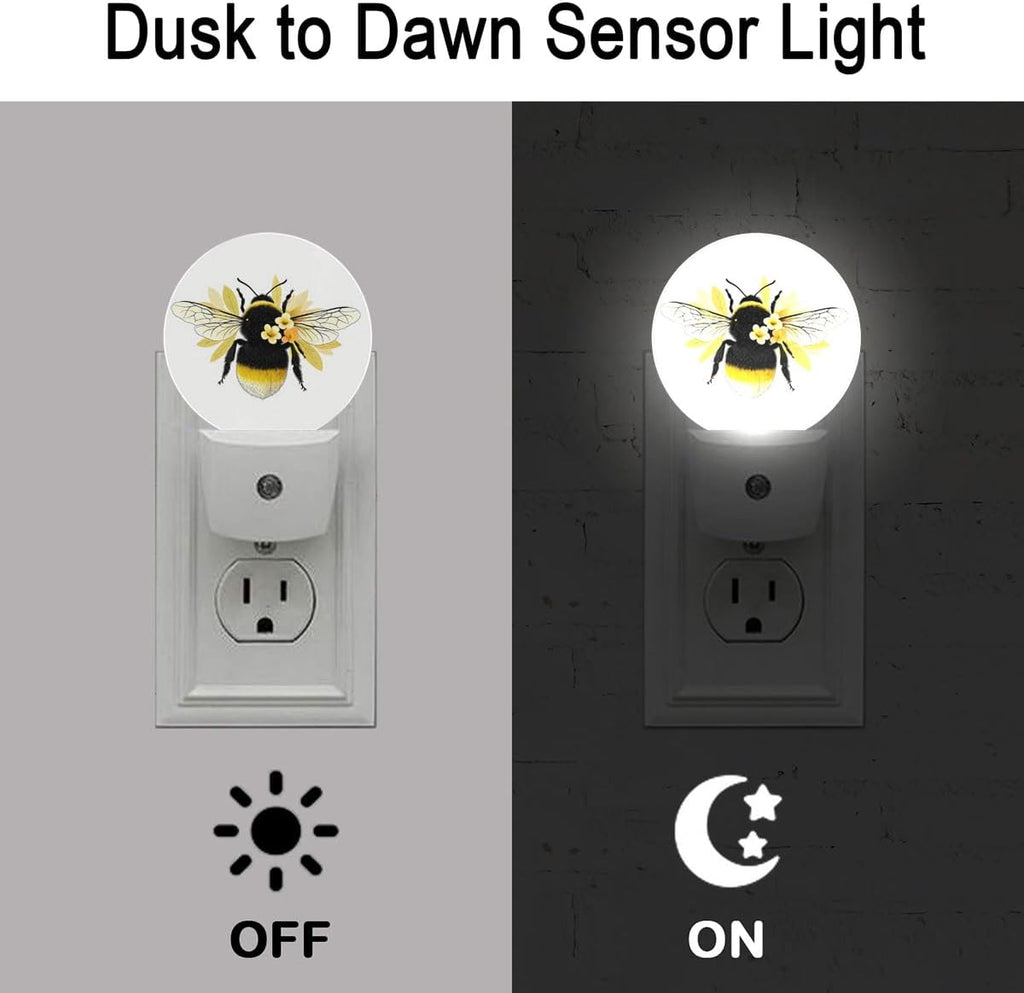 Yellow Bee Flower Night Light Plug Into Wall Auto Led Sleep Round Lamp for Living Room Hallway Stairs
