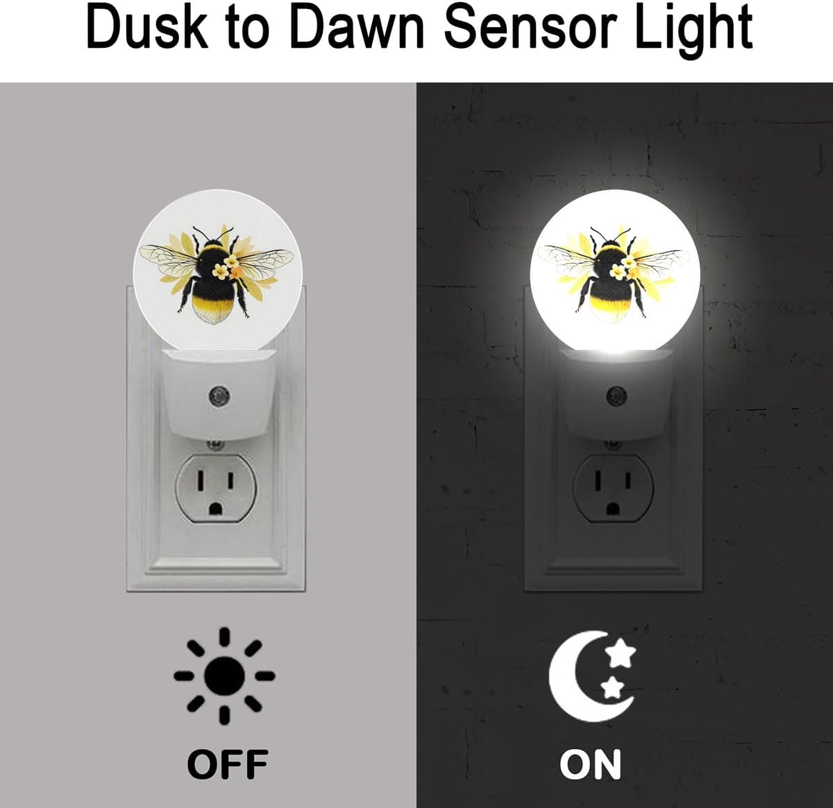 Yellow Bee Flower Night Light Plug Into Wall Auto Led Sleep Round Lamp for Living Room Hallway Stairs