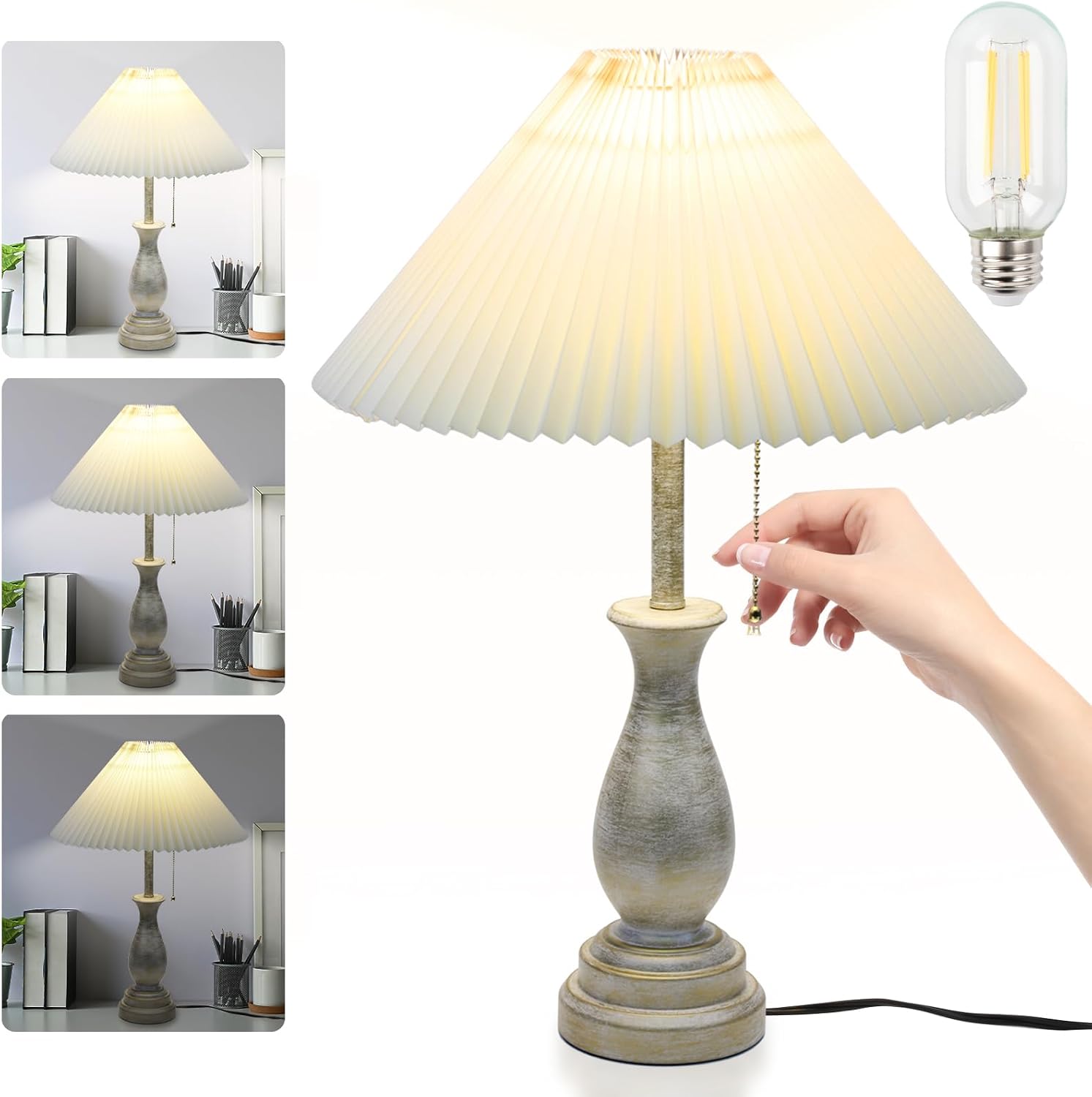 Farmhouse Table Lamp with Pull Chain Switch Control 3-Way Dimmable Table Lamp, Modern Nightstand Lamp Bedside Desk Lamp with Fabric Shade…