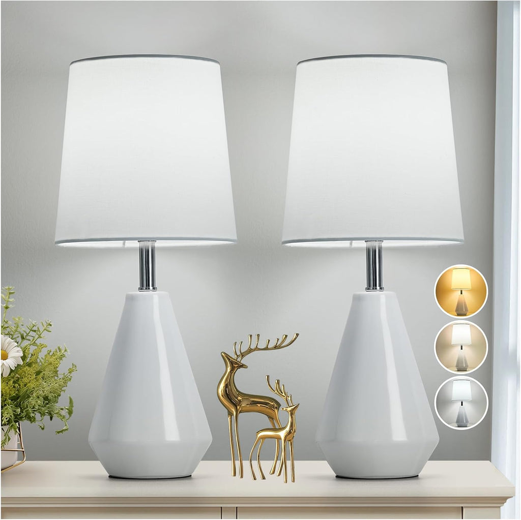 Small Bedside Table Lamp for Bedroom-Reading Desk Lamp Set of 2, with 3 Color Temperatures,15.5" Nightstand Ceramic Lamp with Fabric Shade…