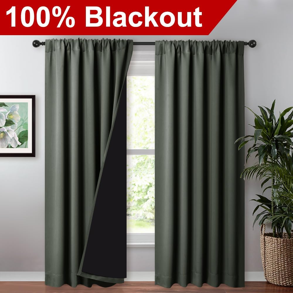 Nicetown 100% Blackout Curtains for Living Room, Privacy Protection & Noise Reducing Drapes, Black Lined Window Treatment Panels for Patio…