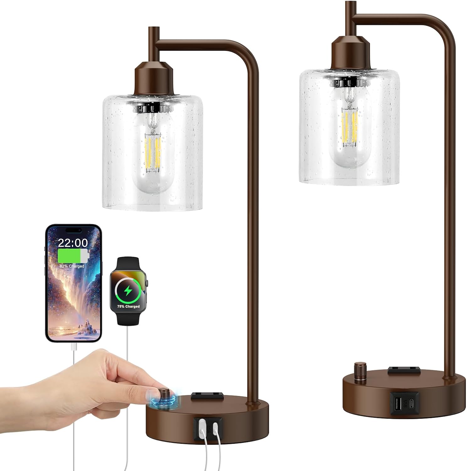 Innqoo Industrial Table Lamps for Bedrooms Set of 2 - Fully Dimmable Bedside Lamps with USB Ports and Outlet, Brown Nightstand Lamps with…