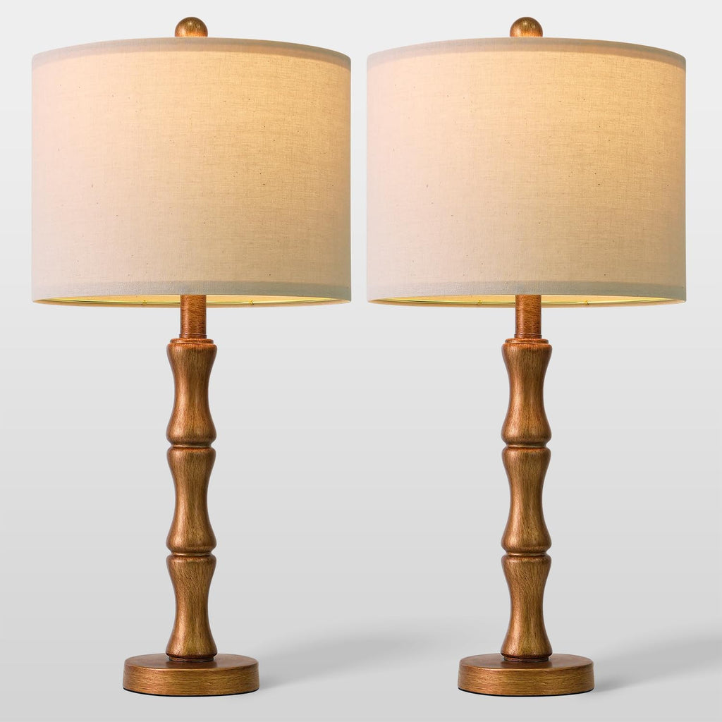 BOBOMOMO 25" Vintage Nightstand Lamps Set of 2, Farmhouse Table Lamps with Antique Gold Resin Base & Linen Shade, Standard Table Lamps…