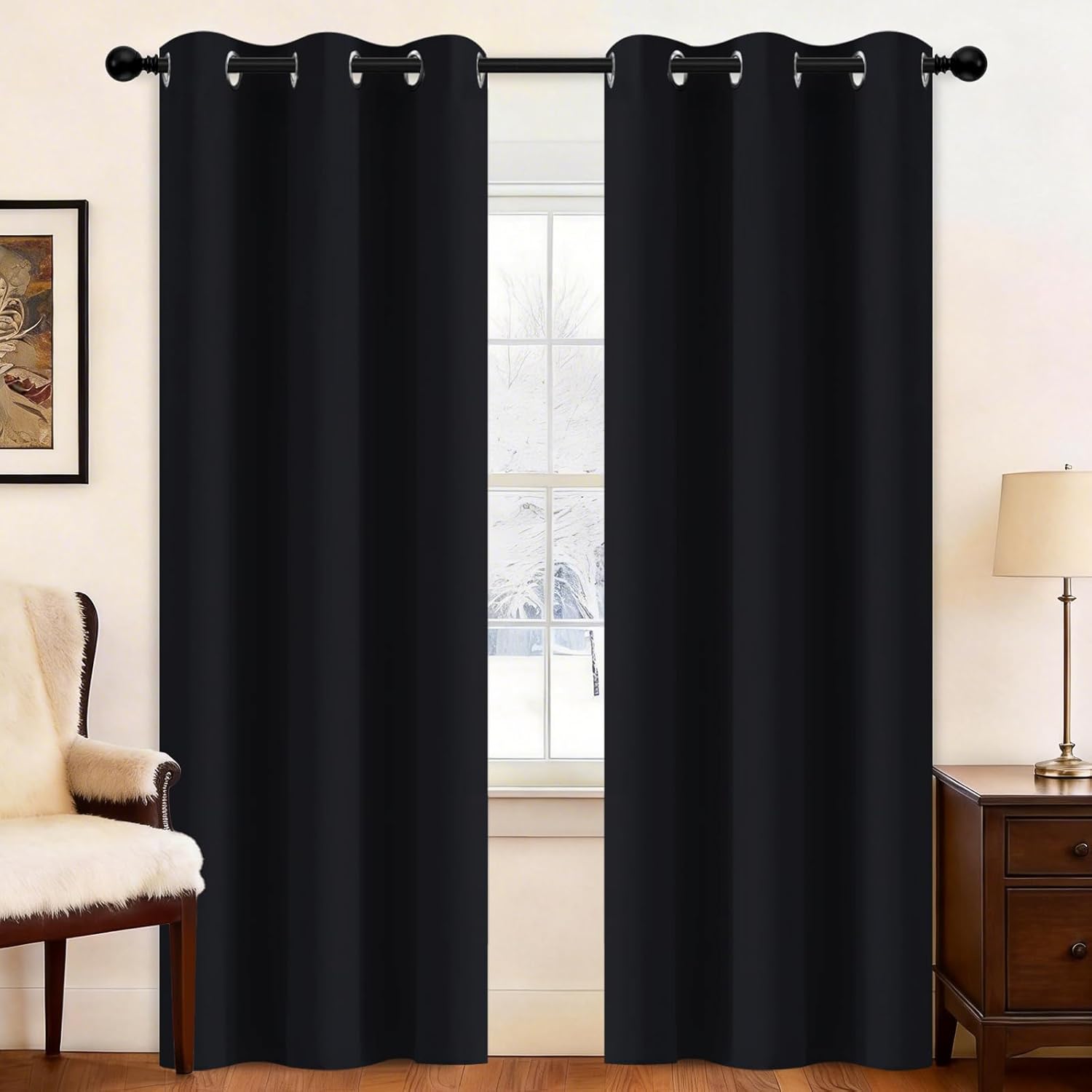 Yakamok Black Room Darkening Grommet Window Drapes Blackout Curtains Thermal Insulated Grommet Curtain Panels for Bedroom, 38W x 84L, One…