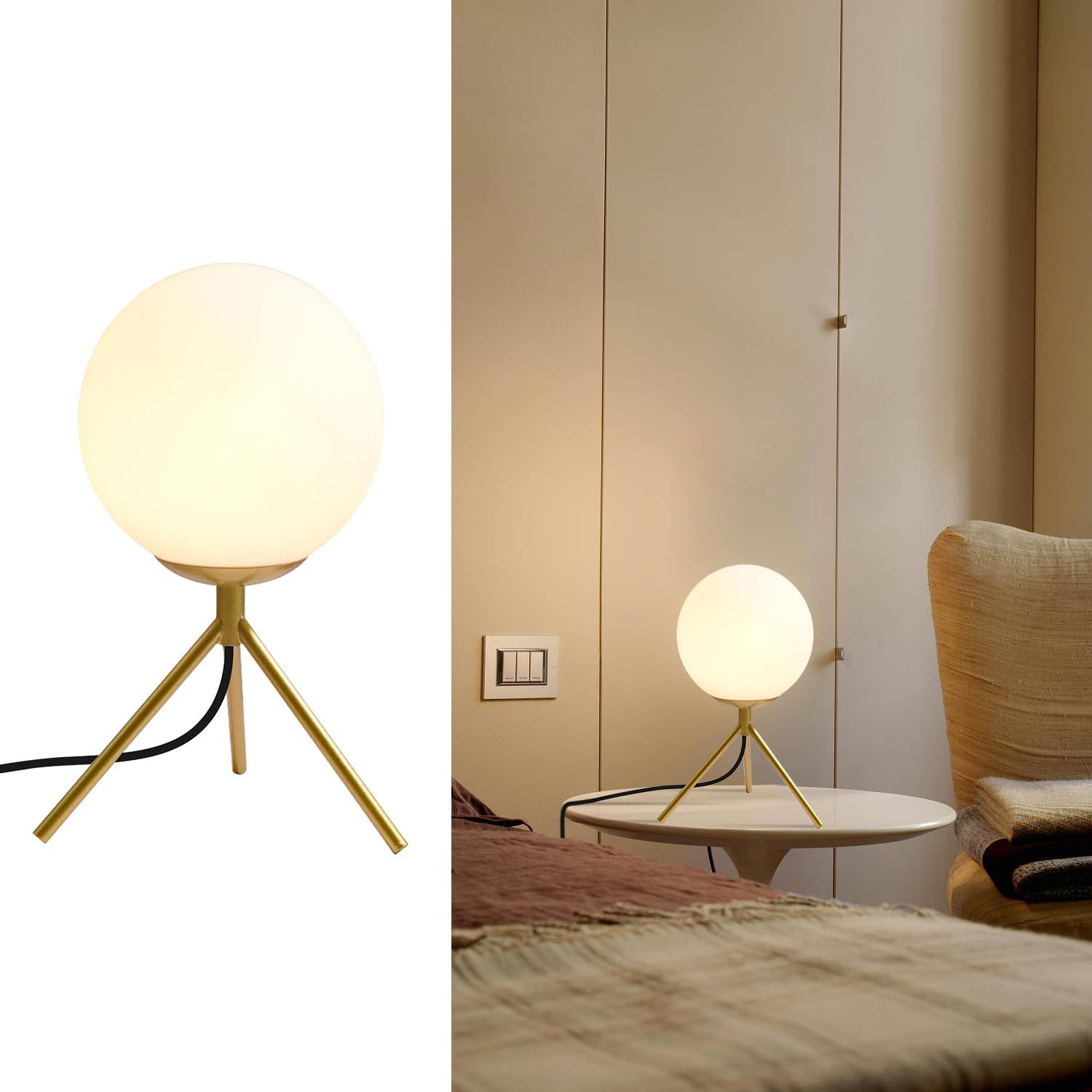 Bokt Mid Century Modern Table Lamp - Gold Glass Globe Desk Reading Lamp - Contemporary Minimalist Brushed Brass Bedside Desk Nightstand Ind…