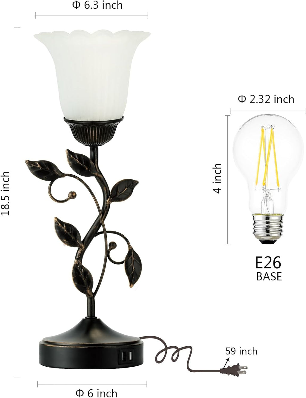 Set of 2 Touch Bedside Vintage Lamps with 2 USB Ports, 3-Way Dimmable Flower Lamps, White Glass Shade Rustic Leaf Lamp for Bedroom Side…