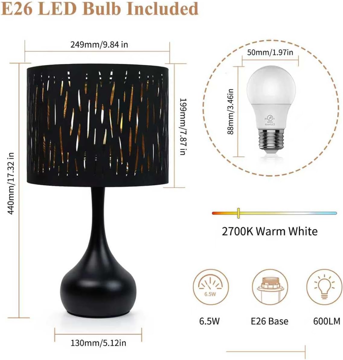 ONEWISH Touch Bedside Lamp for Bedroom, 3-Way Dimmable Table Lamps for Nightstand, Black Cutout Shade with Gold Lining Desk Lamp for…