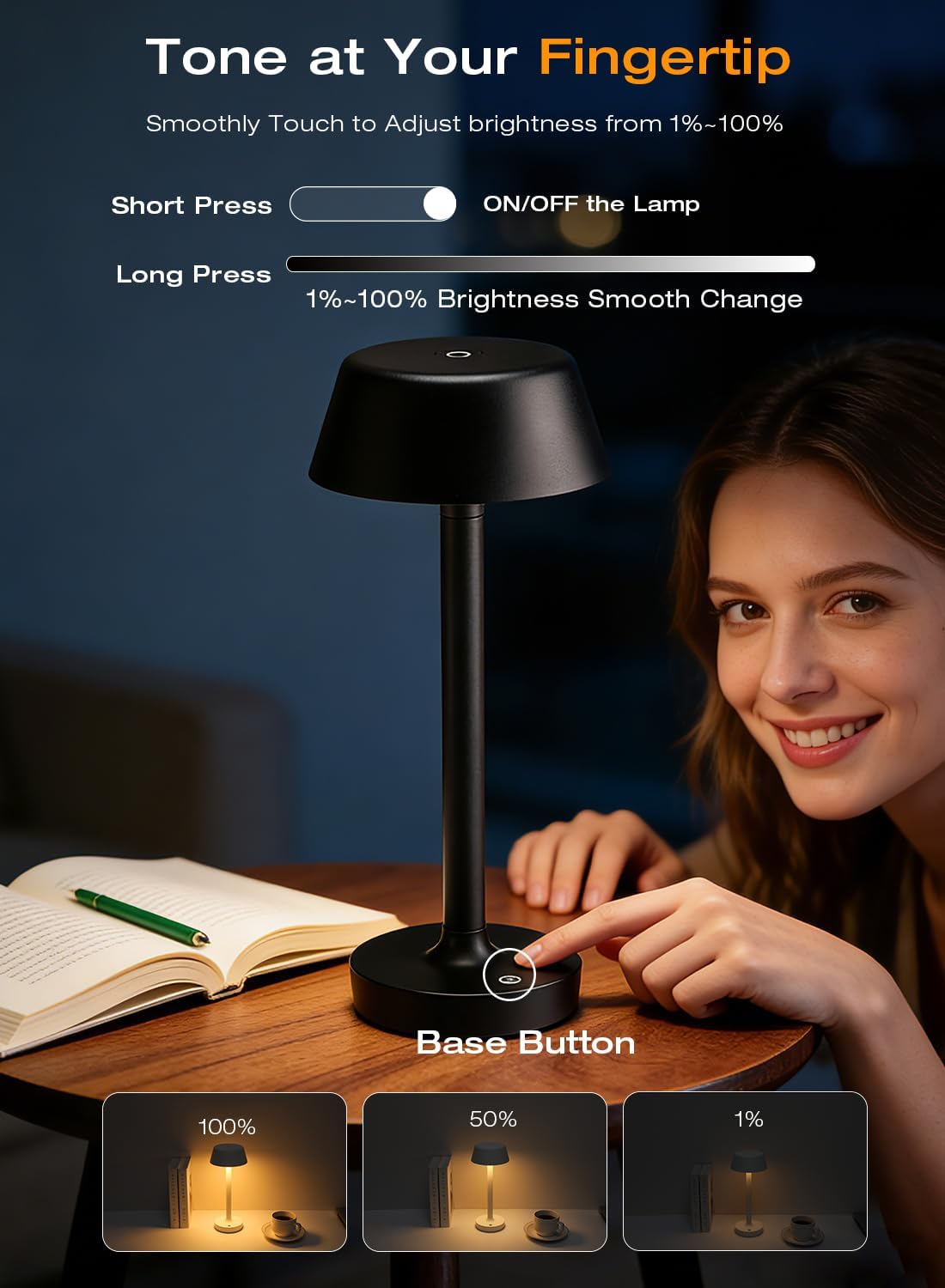 Cordless Rechargeable Table Lamp with Power Charger, Portable LED Desk Lamp,5000mAh Battery Operated,2700K-5700K Tunable, Stepless Dimming…