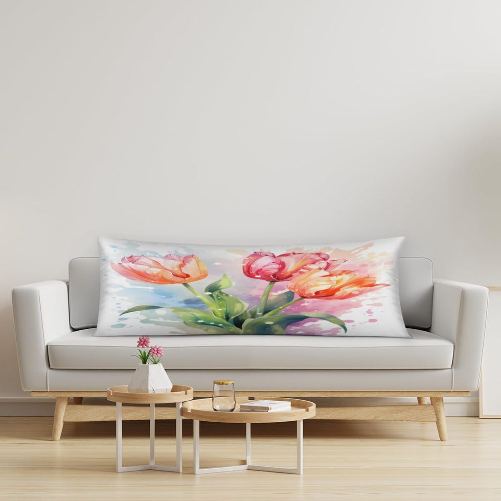 Aglebo Watercolor Tulips Body Pillow Covers Super Soft Satin Decorative Pillowcase with Hidden Zipper Cooling Breathable Case Rectangle Cov…