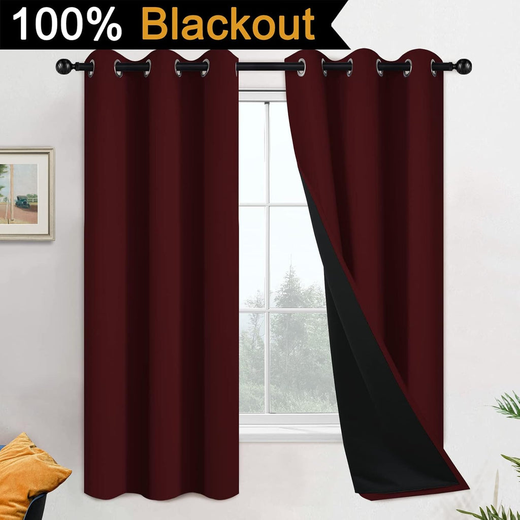 Yakamok 63 Inch Length 100% Blackout Curtains for Bedroom, 2 Thick Layers Thermal Insulated Grommet Total Blackout Drapes with Black Liner…