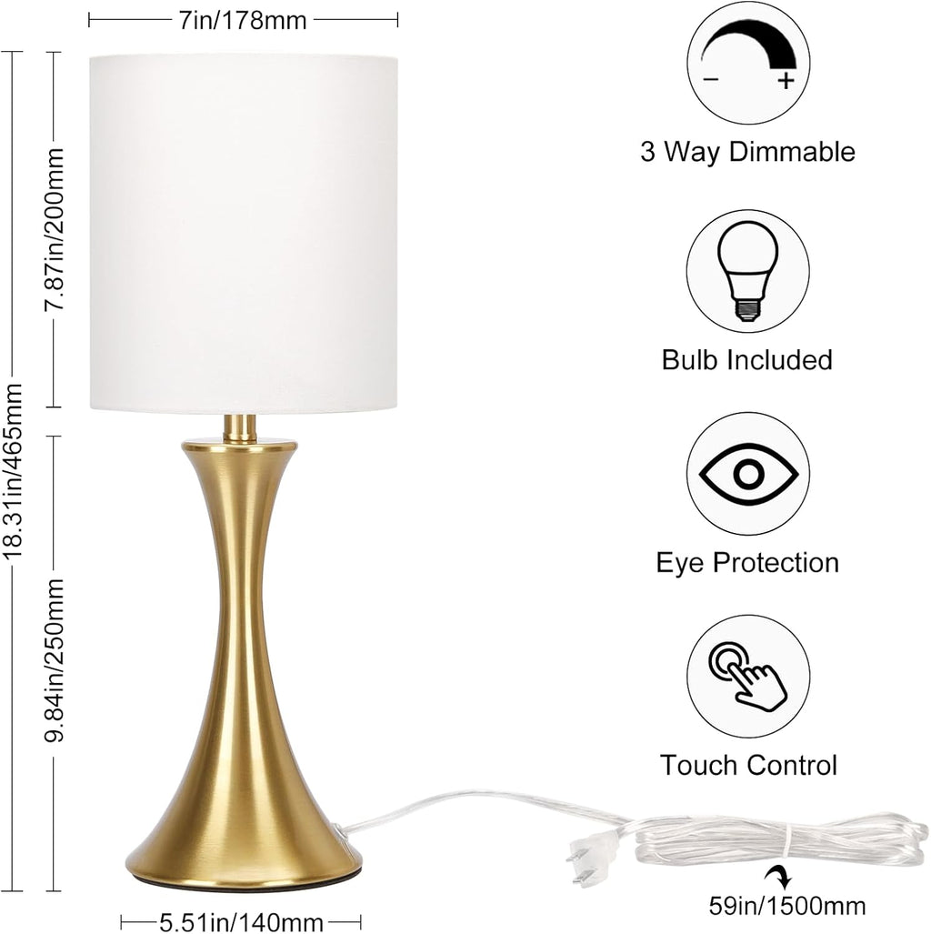 Gold Bedside Lamp Touch Control Table Lamp for Bedroom, 3-Way Dimmable Nightstand Lamp with White Shade, Modern Table Lamp for Living…