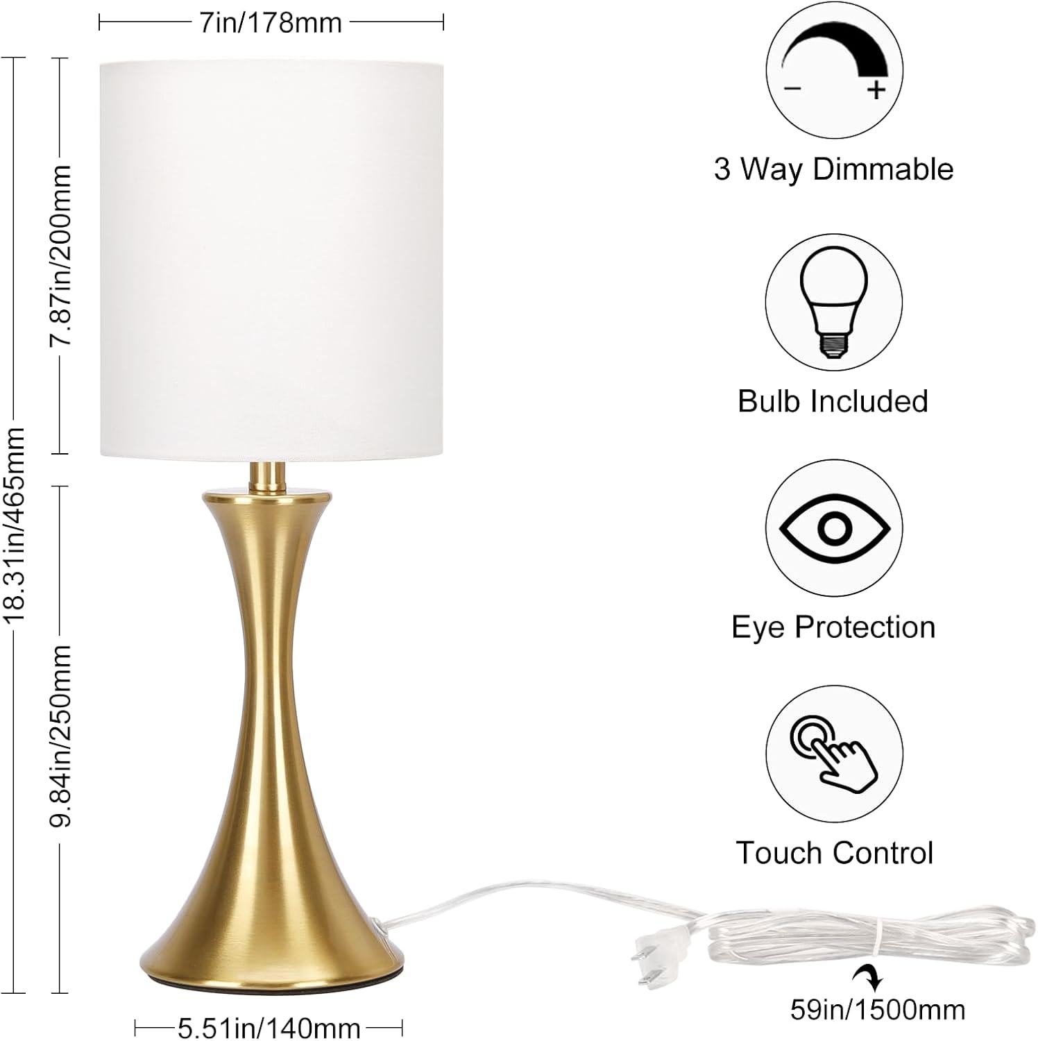Gold Bedside Lamp Touch Control Table Lamp for Bedroom, 3-Way Dimmable Nightstand Lamp with White Shade, Modern Table Lamp for Living…