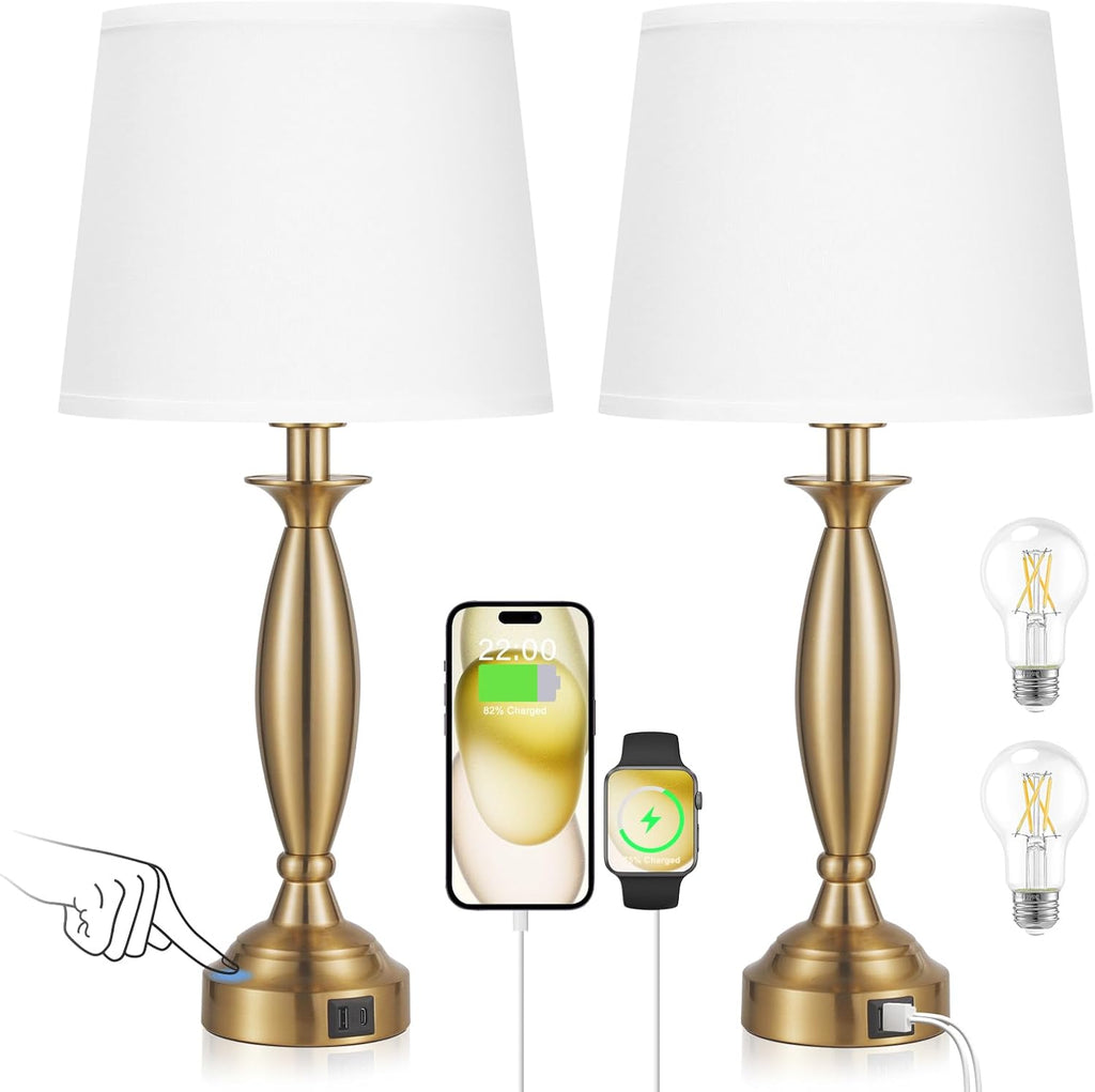 Seealle White Gold Lamps for Bedrooms Set of 2 - Touch Control Bedside Lamp with USB C+A, 3 Way Dimmable Nightstand Lamps with USB Port…
