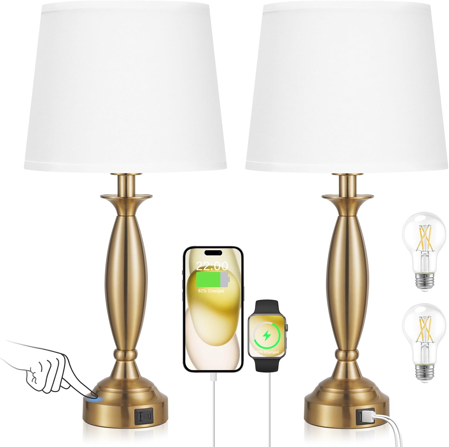 Seealle White Gold Lamps for Bedrooms Set of 2 - Touch Control Bedside Lamp with USB C+A, 3 Way Dimmable Nightstand Lamps with USB Port…
