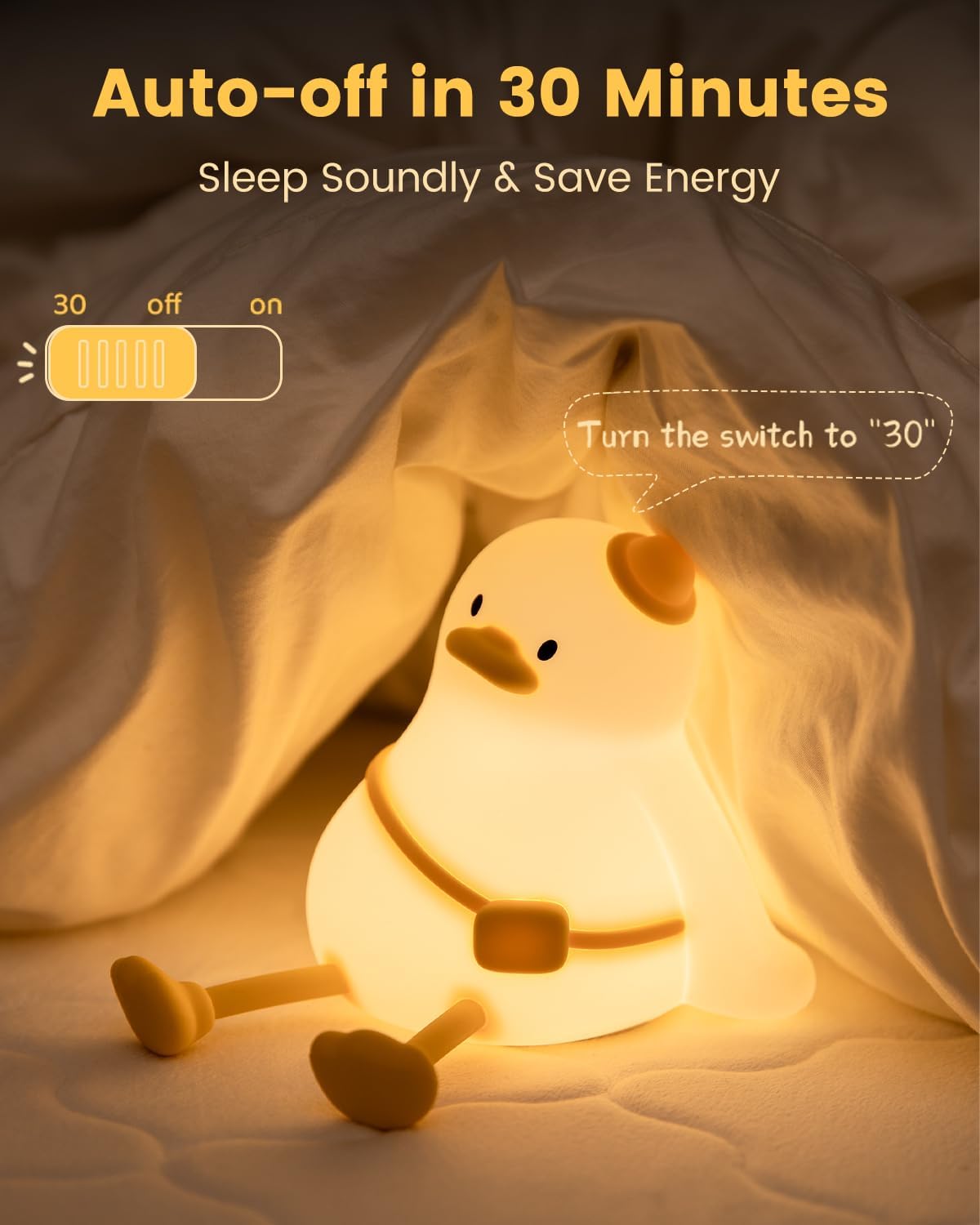 Kids Night Light Duck Design, Silicone Tap Control Bedside Lamp with Time Auto-Off, Cute Portable LED Nursery Light for Baby, Toddler…