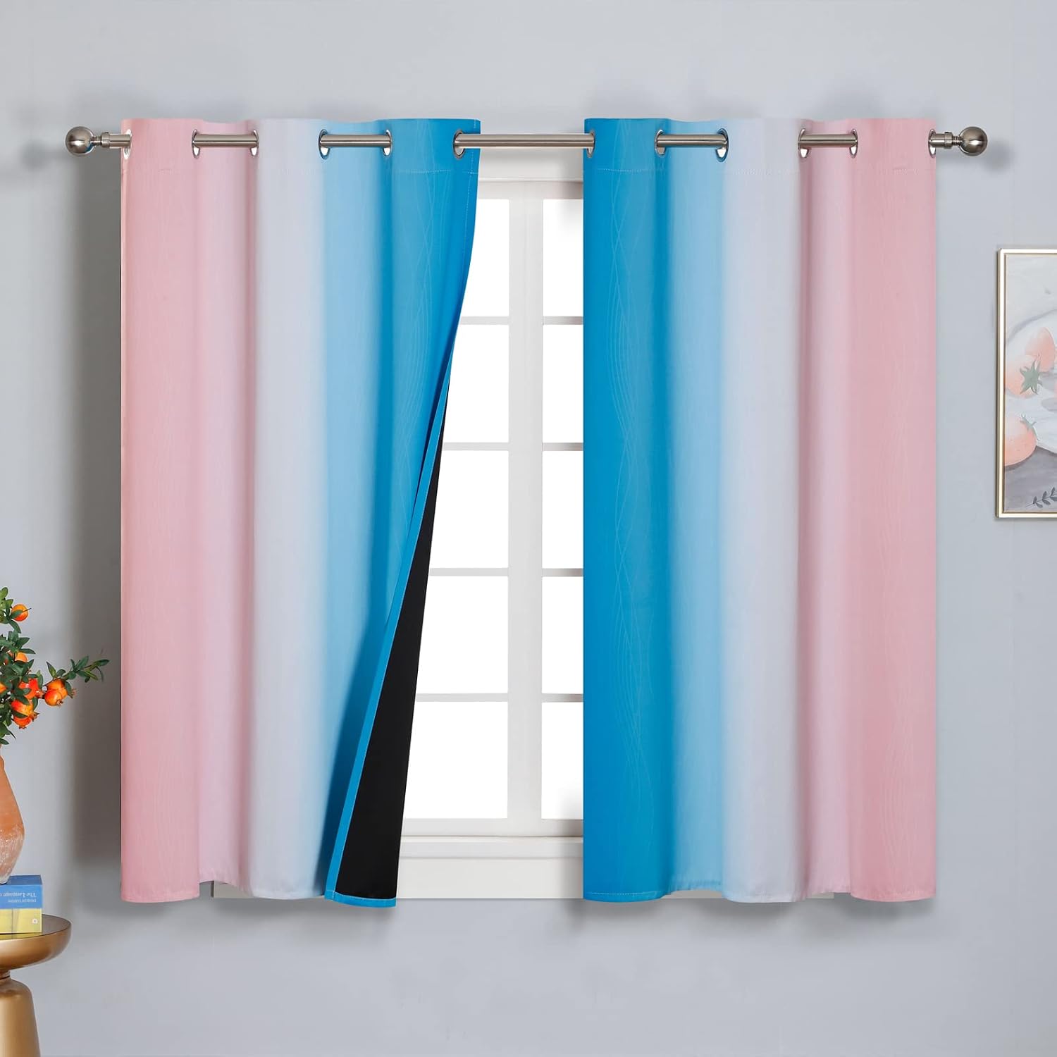 Estelartextiler Ombre Pink and Blue Blackout Curtains 45 Inches Long, Full Light Blocking Curtains for Bedroom, Wavy Line Pattern Grommet T…