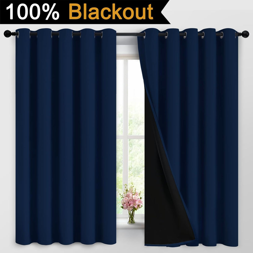 Yakamok Navy Blue 100% Blackout Curtains Energy Saving Thermal Insulated 2 Thick Layers Completely Blackout Drapes with Black Liner for Bed…