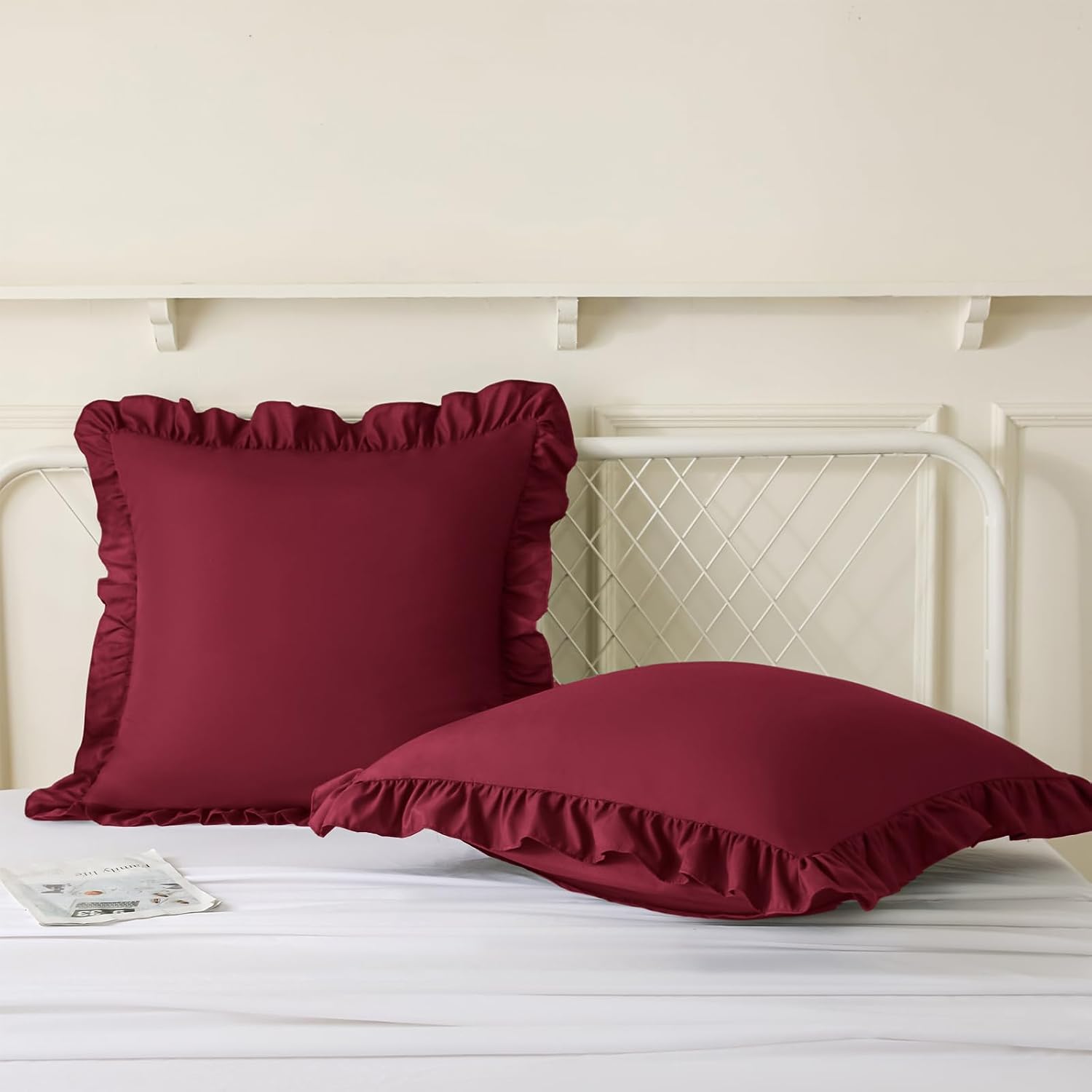 KKJIAF Ruffle Pillow Cases 18x18 Inches, Burgundy Square Ruffled Pillow Covers Set of 2, Microfiber Wrinkle Resistant Pillow Shams with…