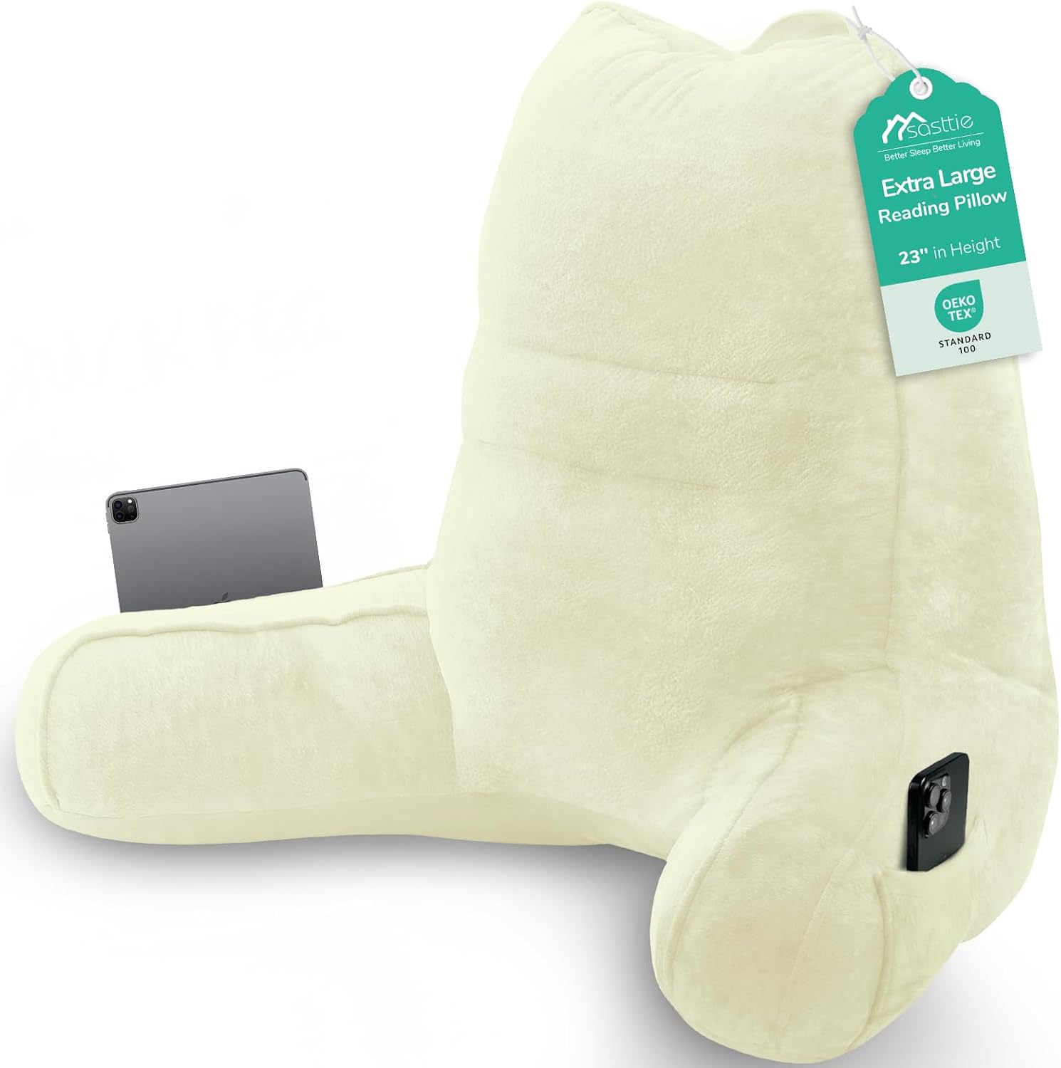 Sasttie Reading Pillow for Bed - 23 Inch, Back Pillow for Bed Sitting Up, Back-Rest Support Cushion with Side Pockets and Arms, Dorm Essent…