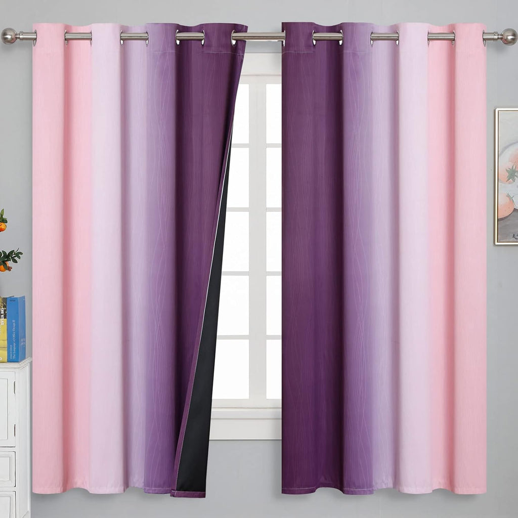 Estelartextiler Pink and Purple Curtains 63 Inch Length 2 panels, Full Light Blocking Ombre Blackout Curtains for Kids Room, Thermal Insula…