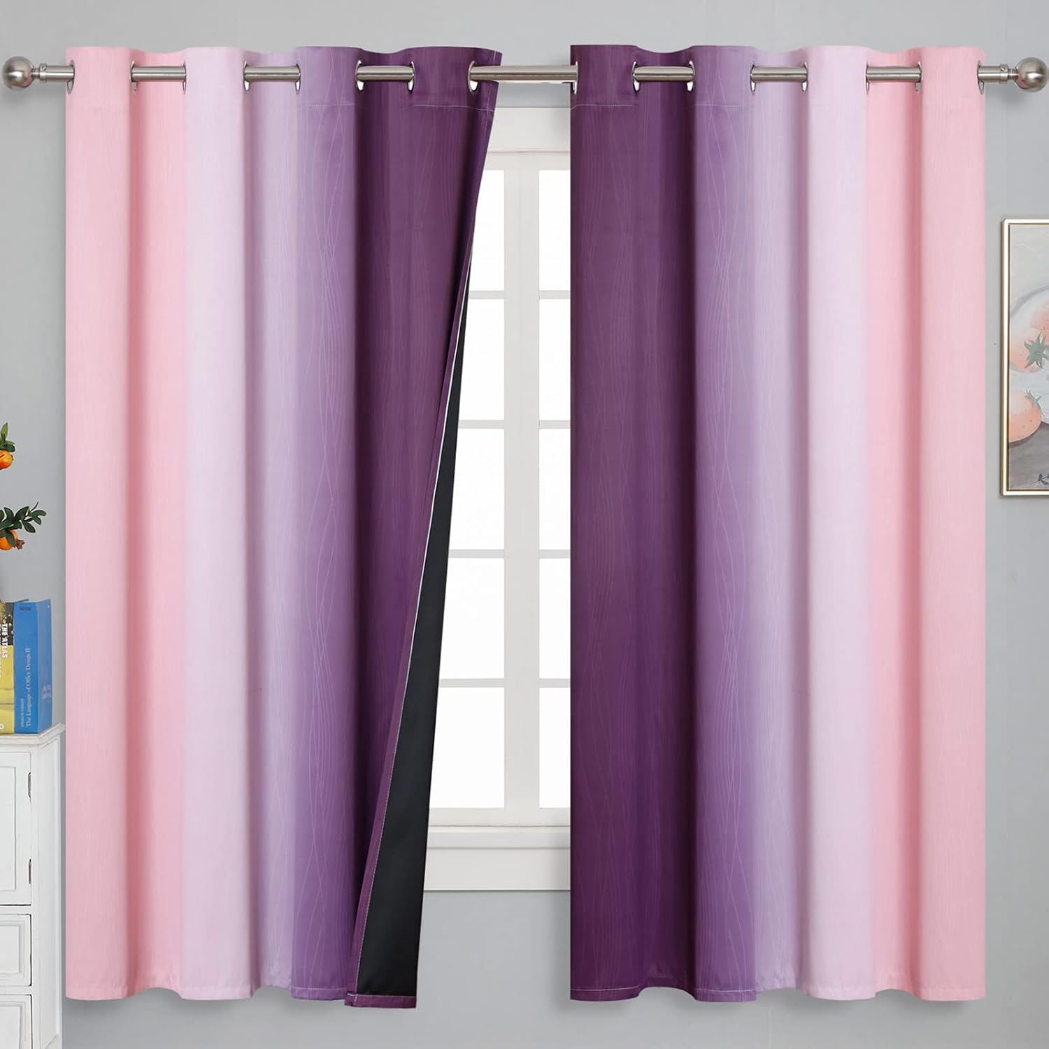 Estelartextiler Pink and Purple Curtains 63 Inch Length 2 panels, Full Light Blocking Ombre Blackout Curtains for Kids Room, Thermal Insula…