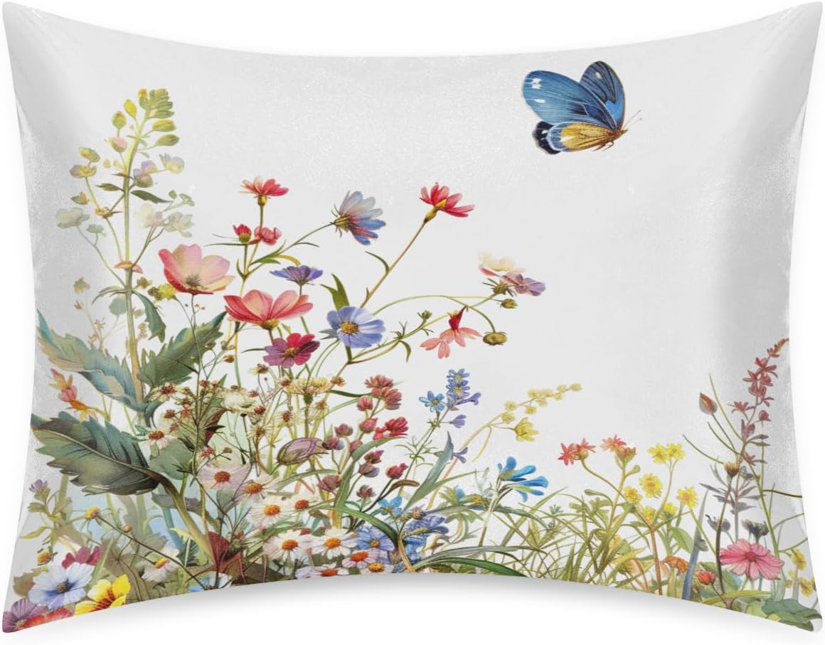 Flower Watercolor Butterfly Satin Silk Pillowcase for Hair and Skin Pillow Cases Standard Size Soft Silk Pillow Case with Envelope…