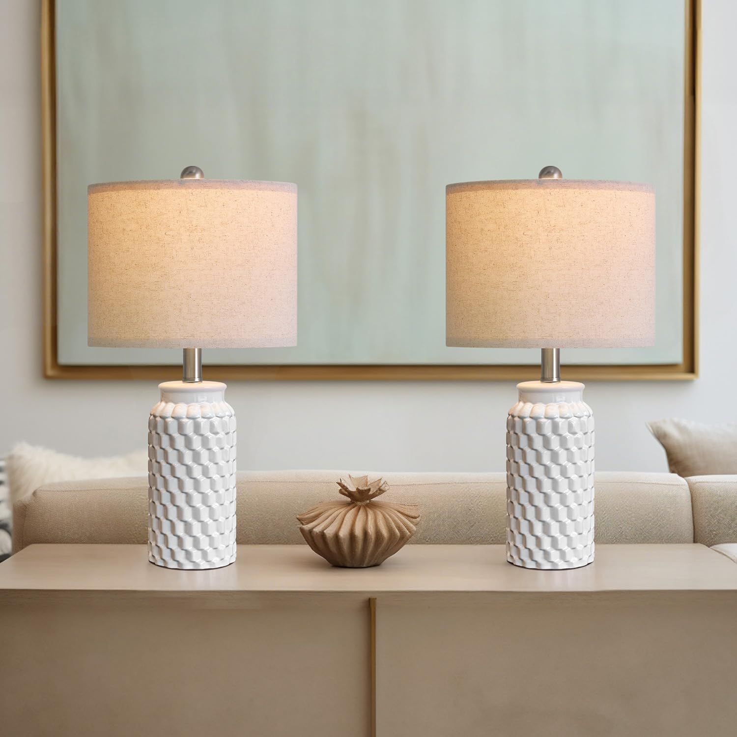 20.5" Small Bedside Lamps Set of 2 with 5FT Cord, White Ceramic Modern Farmhouse Table Lamps for Nightstand, Living Room, Bedroom, 3D…