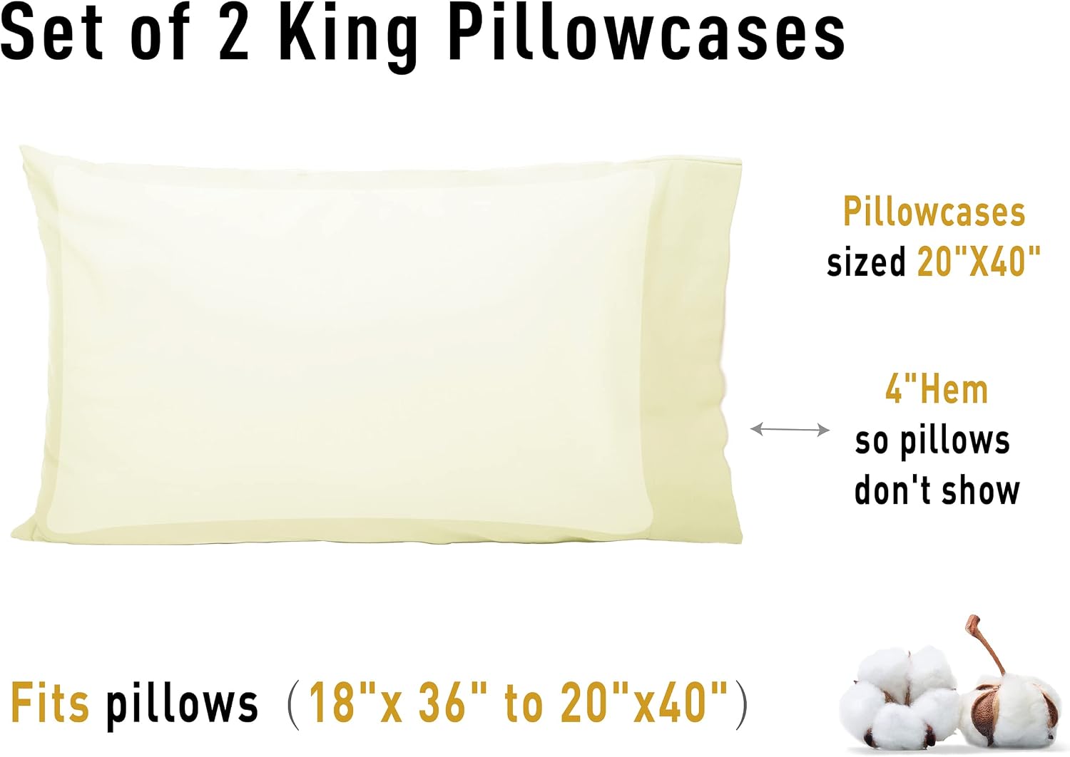 Sunflower King Pillowcases Set of 2, 100% Cotton King Pillow Cases 2, 20×40 inches Cream, Soft and Breathable